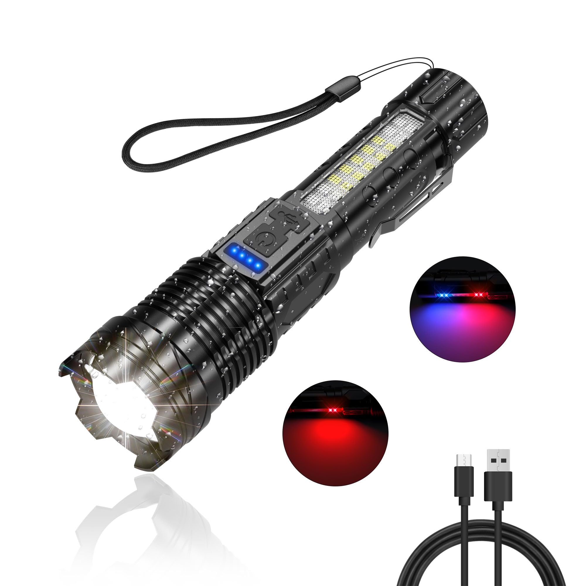 Earrck Rechargeable Flashlight high lumens with Clip Waterproof Police Flashlights, Zoomable Beam LED Flash Light with 7 Modes a