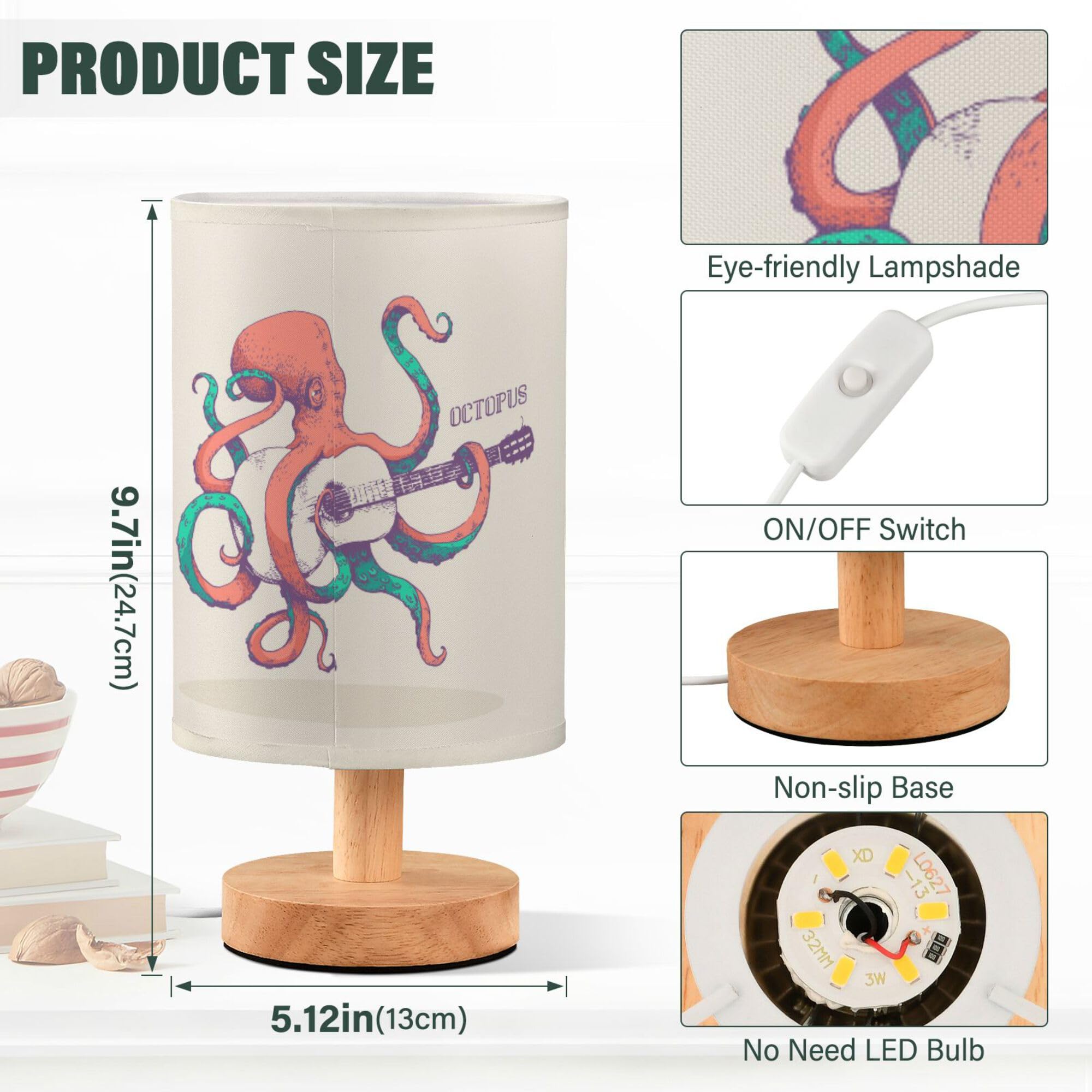 Yyzzh Table Lamp Vintage Octopus Play Guitar Ocean Marine Sea Life Design Nightstand Lamp With Wood Base Fabric Lamp Shade Bedsi