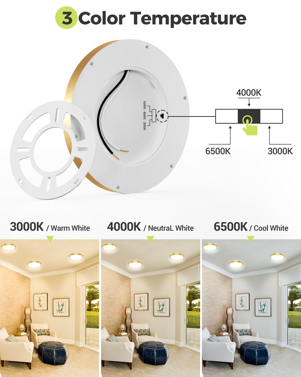 hepside LED Flush Mount Ceiling Light, 3CCT 3000K-4000K-6500K, 15W 1500Lm, 7.5 Inch, Gold