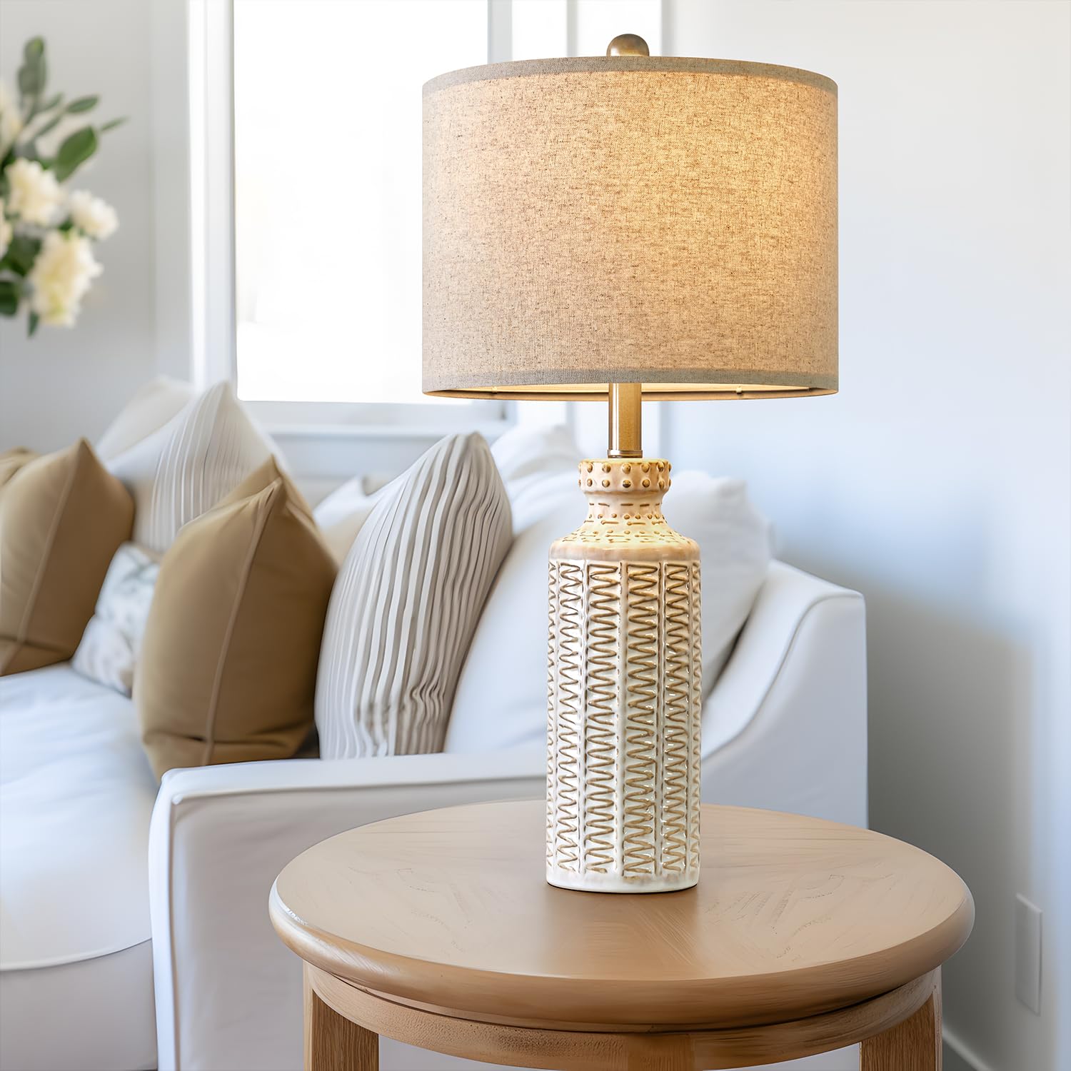 USumkky 24.75" Ceramic Table Lamp Set of 2 - Vintage White Bedside Lamps for Bedroom Living Room, Model YM-AMZ-T1088CR