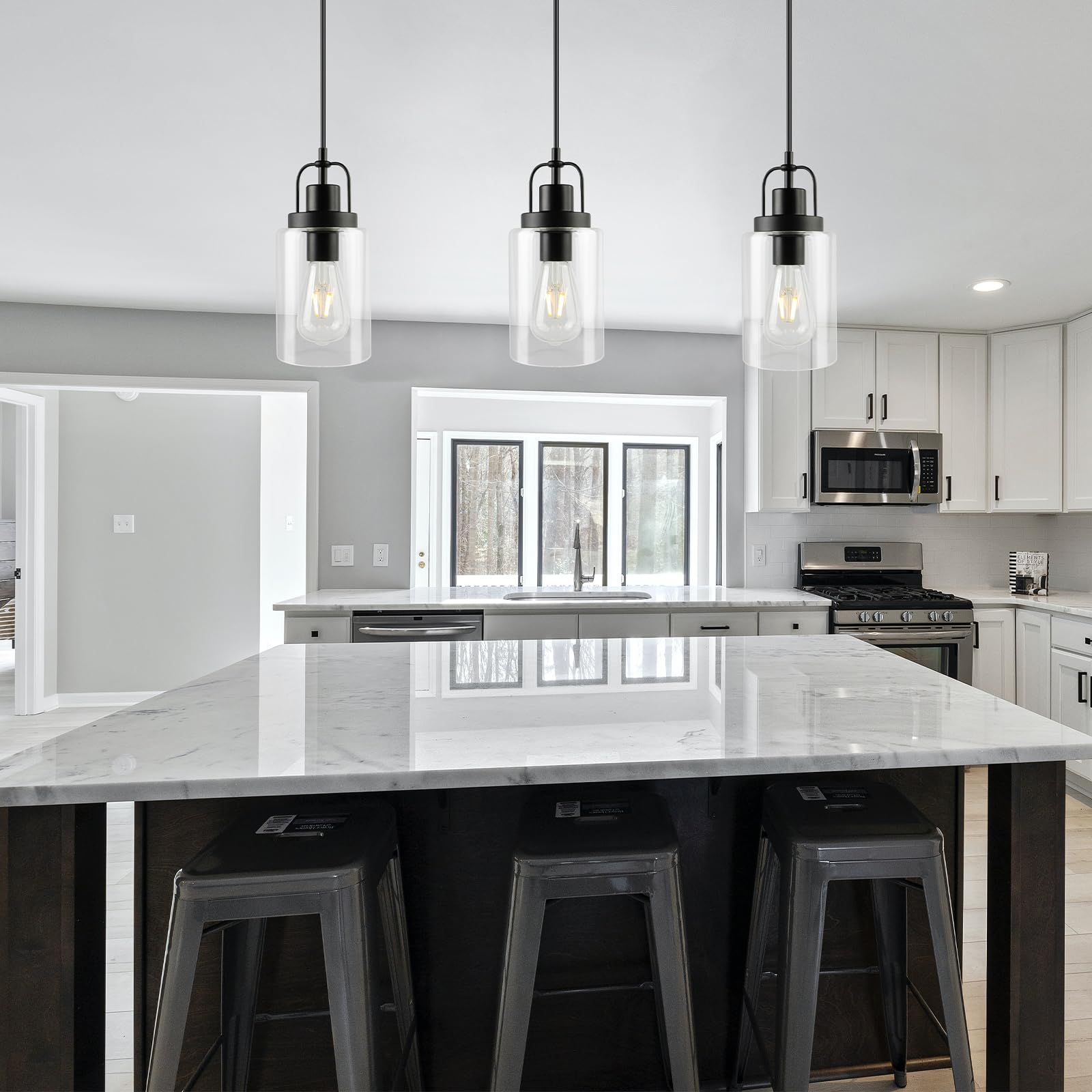 Seable Pendant Light Kitchen Island 3 Pack, Modern Hanging Light Fixtures With Clear Glass Shade, Black Pendant Lighting For Kit