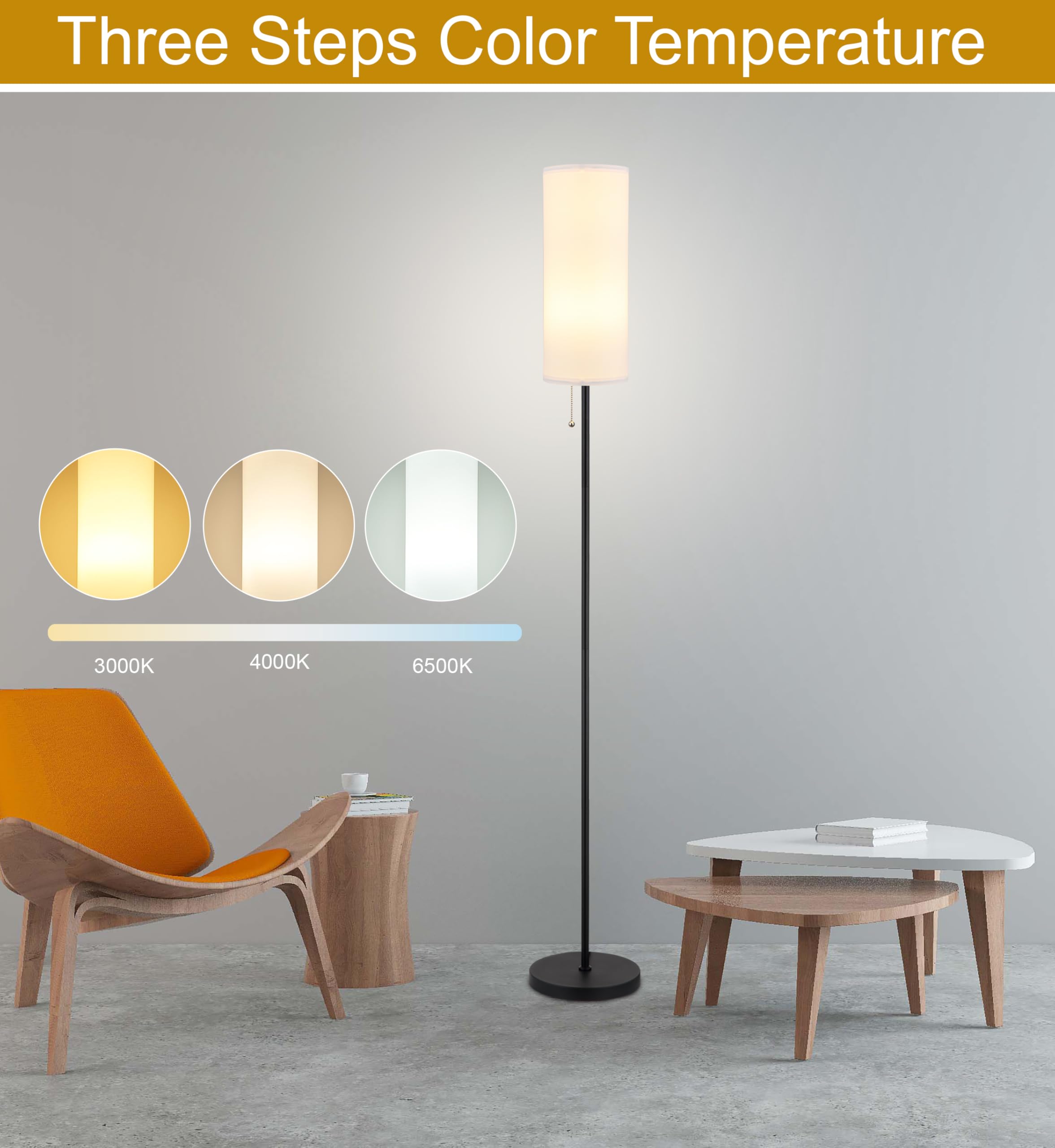 Floor Lamp For Living Room, Modern Standing Lamps With Lampshade, Minimalist Tall Lamp With Chain Switch For Living Room, Bedroo