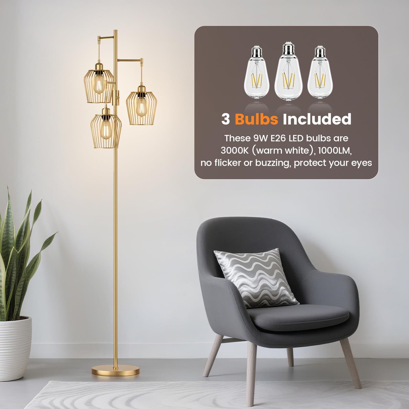 SIBRILLE Dimmable Floor Lamp, Industrial Style with Cage, 3 x 1000LM LED Bulbs, Black, Model BP-F033