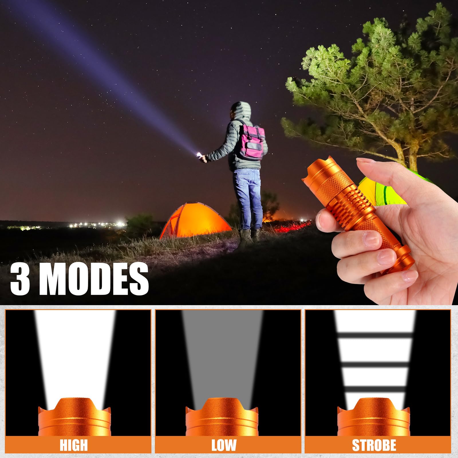 Fumete LED Flashlight Mini Tactical Torch, 3 Modes, Water Resistant, 3.58 x 0.98 inches, Orange, Aluminum Alloy