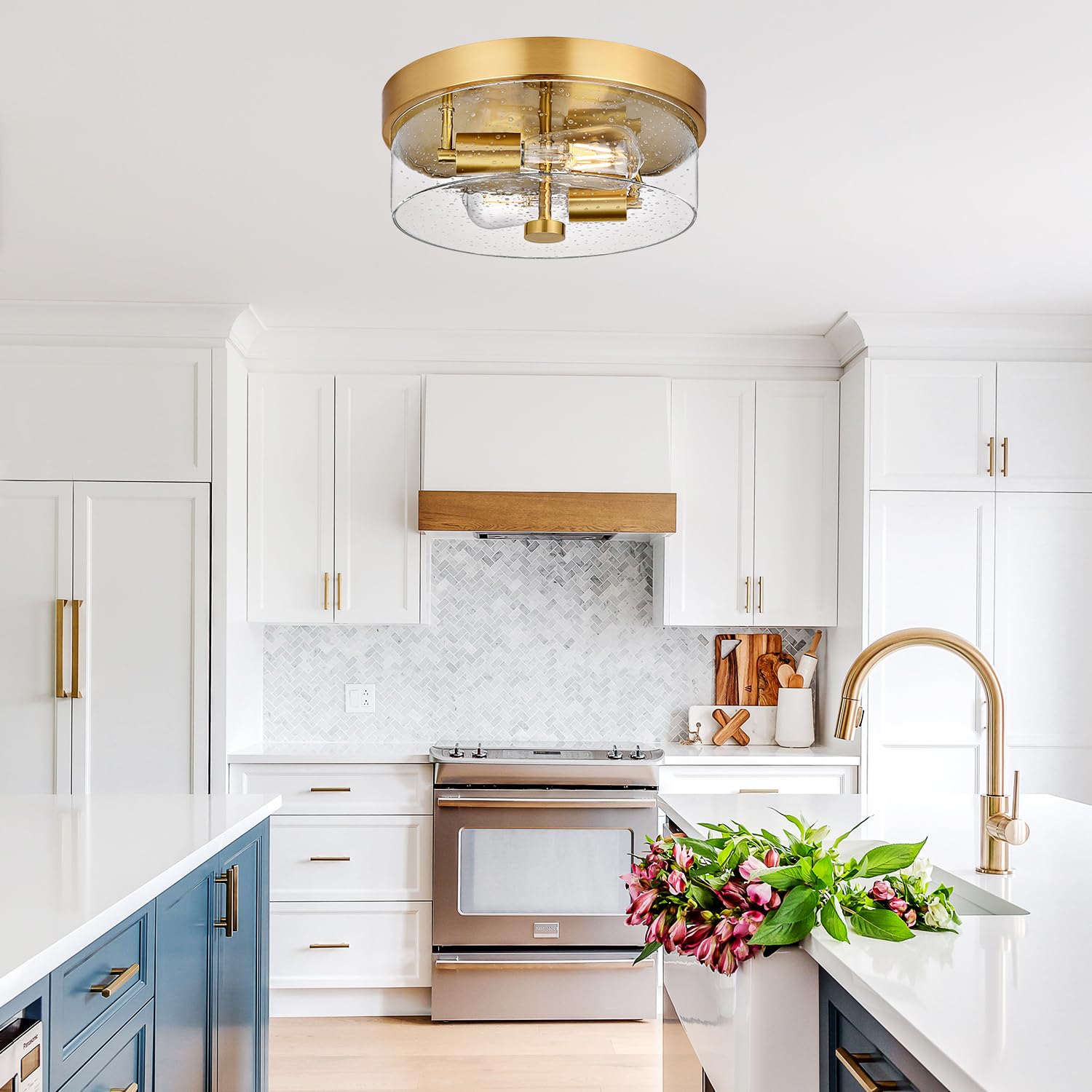 Flush Mount Ceiling Light Fixtures, 2-Light Gold Ceiling Mount For Farmhouse With Seeded Glass Lampshade, Industrial Flush Mount