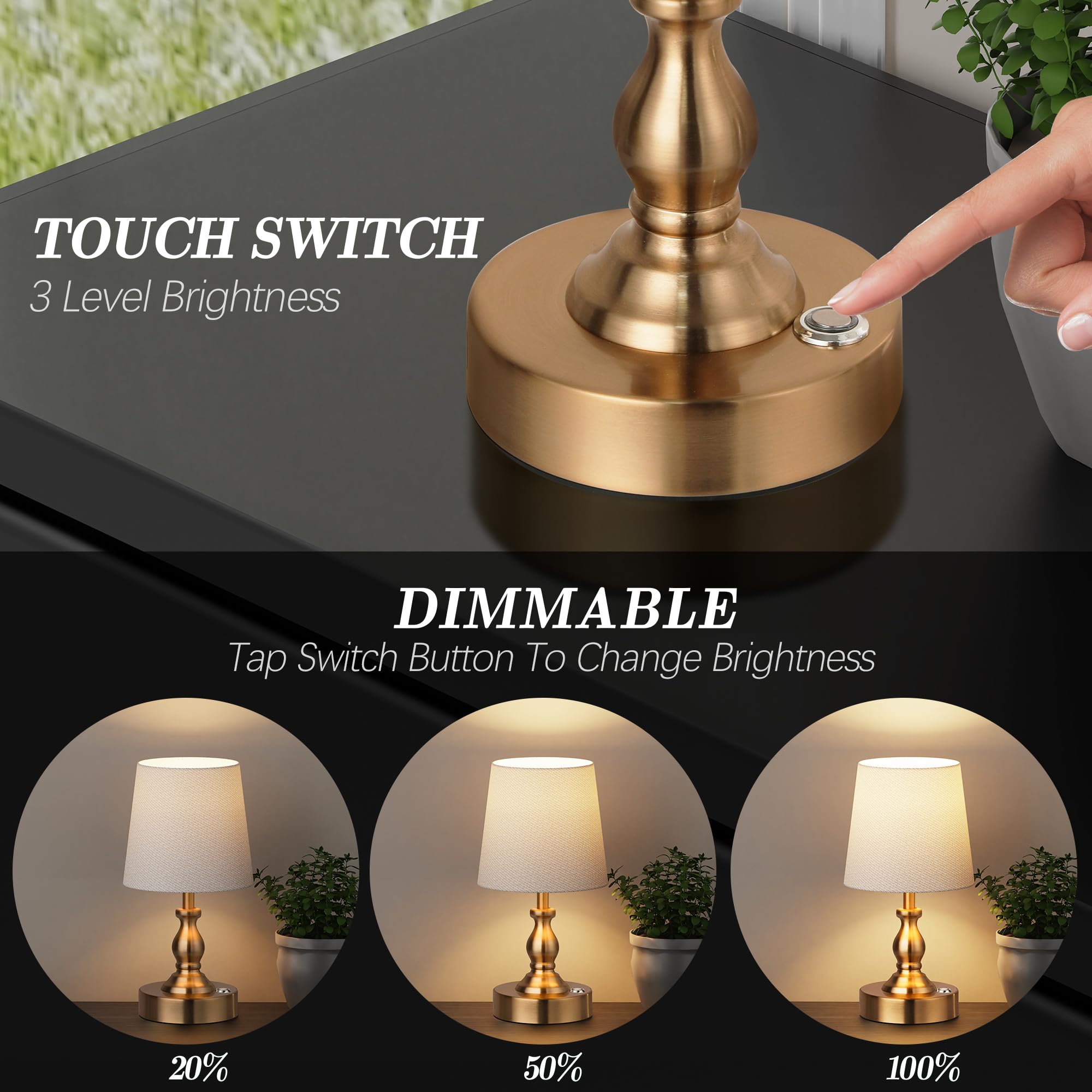 PARTPHONER Mini Cordless LED Table Lamp, 5200mAh Rechargeable Battery Operated Lamp, 3-Level Brightness, Touch Dimmable Desk Lam