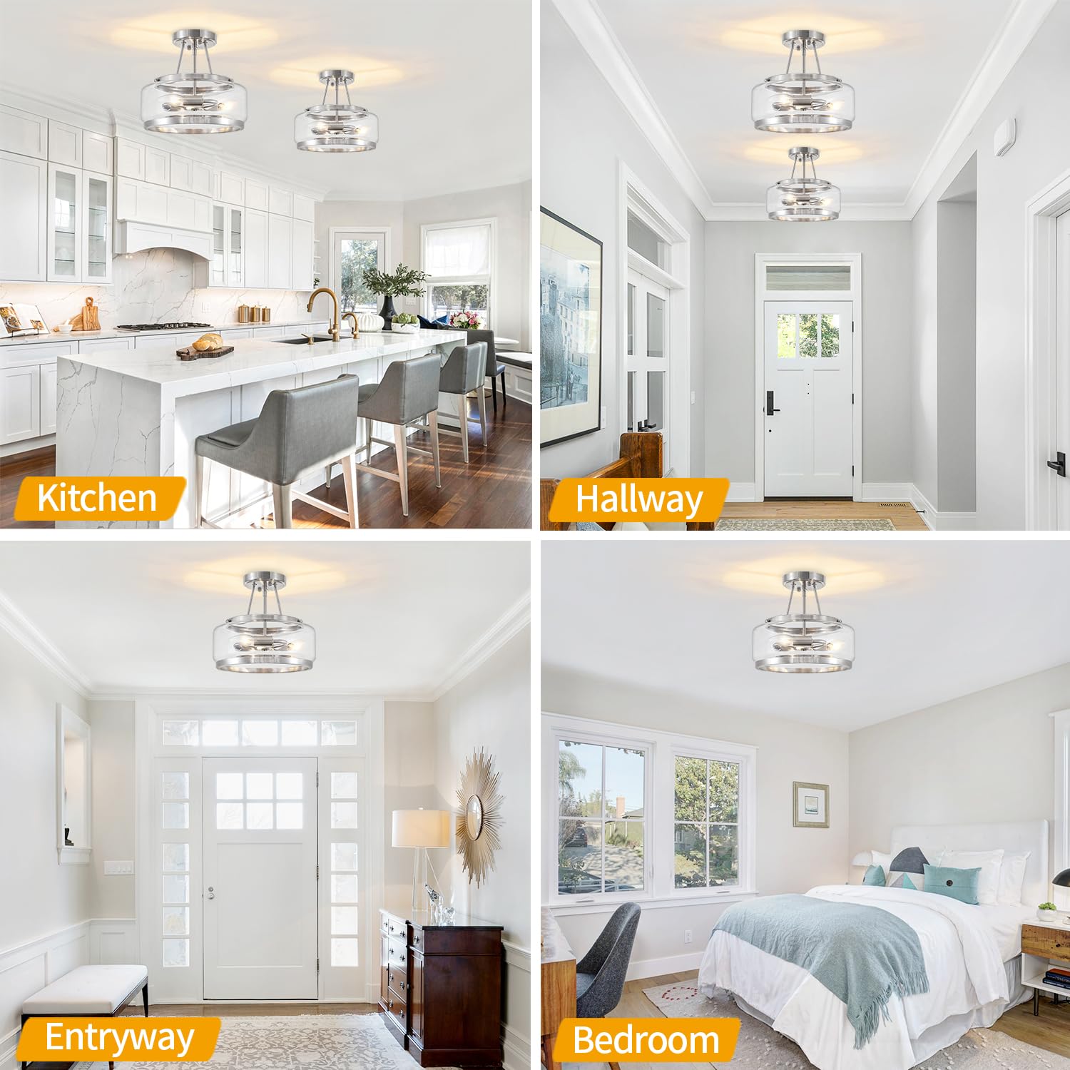 Brushed Nickel Modern Glass Ceiling Light  3-Light Drum Semi Flush Mount Ceiling Light Fixture  Entryway Light Fixture  Ceiling Lamp For Hallway Bedroom Laundry Kitchen Dining Room Lighting  Ul-Listed
