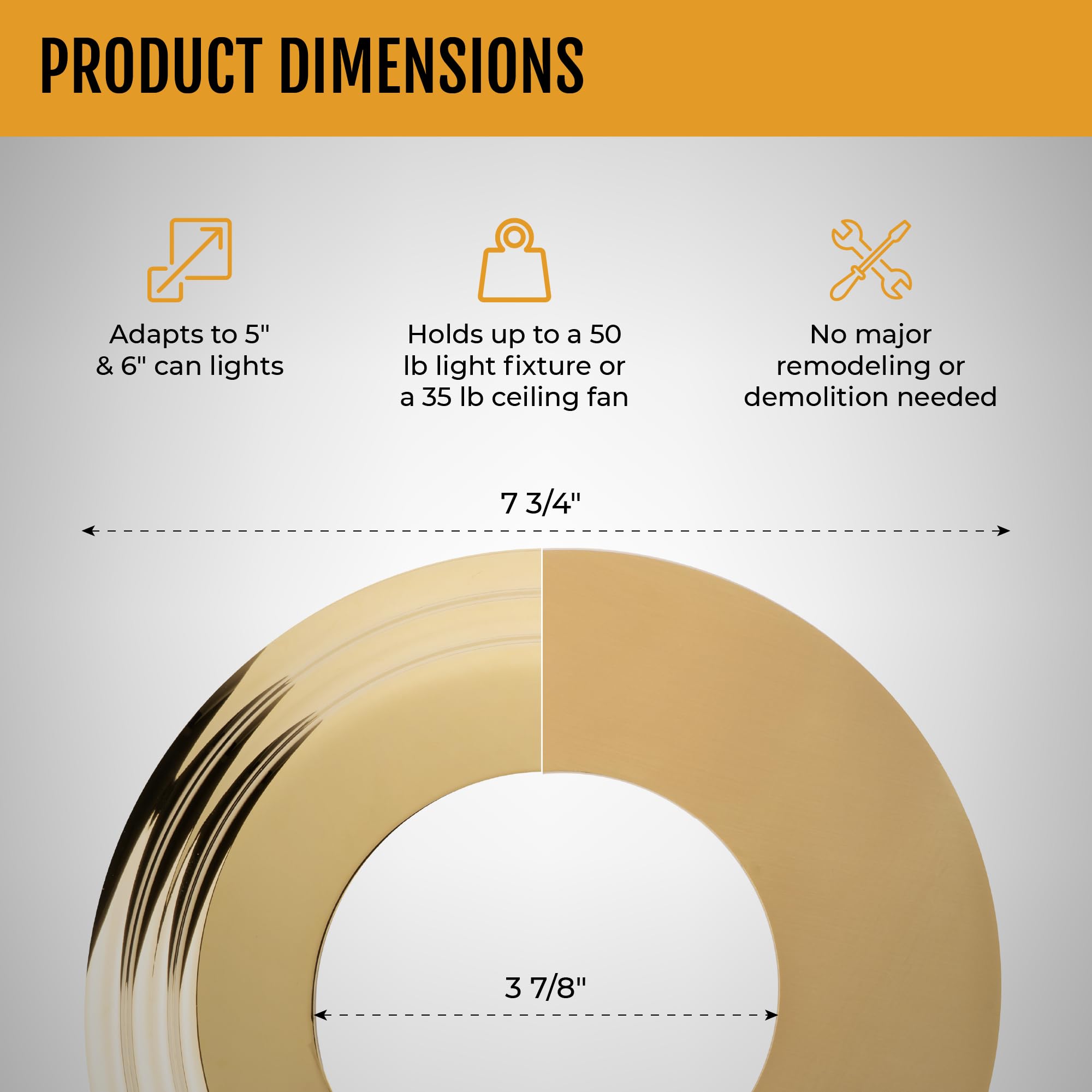The Can Converter -R56, Complete Recessed Can Light Conversion Kit, For Ceiling Light Fixture, Pendant Light, Hanging Light, Ceiling Fan, W/ 7¾ Beveled & Flat, Steel, Ceiling Medallion, Polished Brass