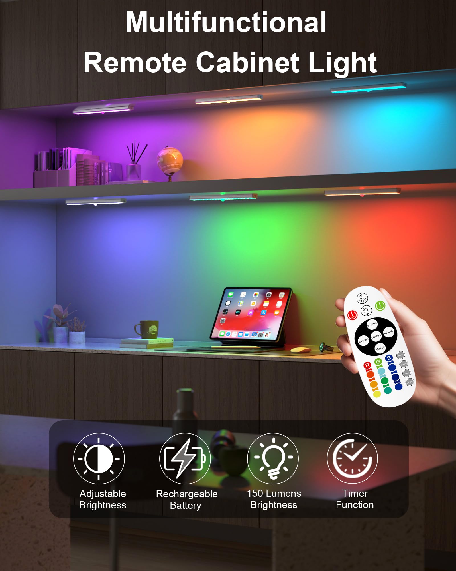 SZOKLED Under Cabinet Lights, Wireless 48LED, Dimmable RGB 15 Color, Remote Control, Aluminum, Model RD10-4, 4 Pack