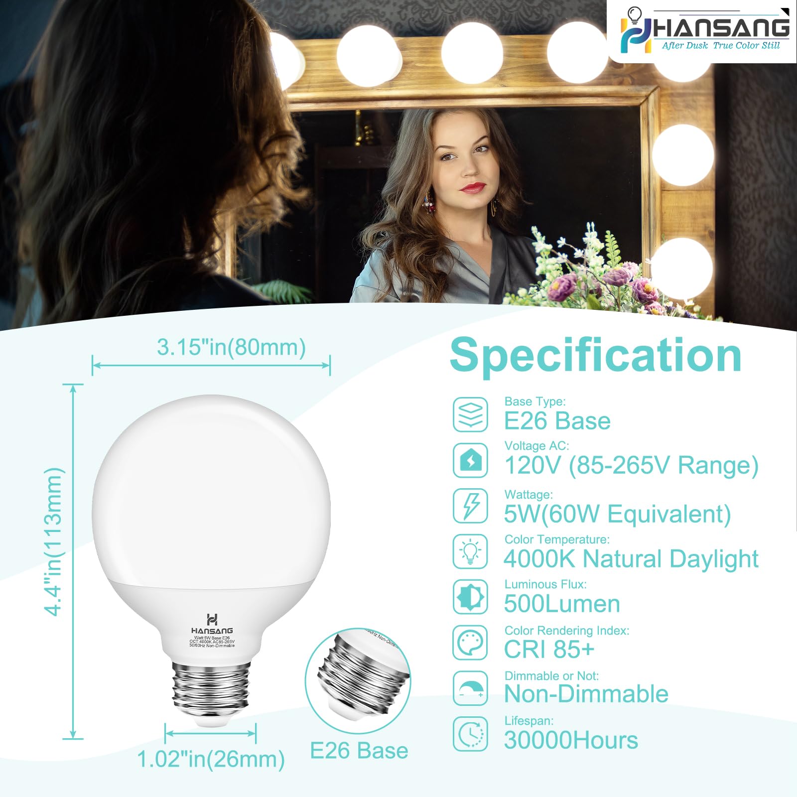 hansang G25 LED Globe Bulbs, 5W (60W Equivalent), 4000K Natural Daylight, 4 Pack, Non-dimmable, Plastic, Ideal for Bathroom Lighting