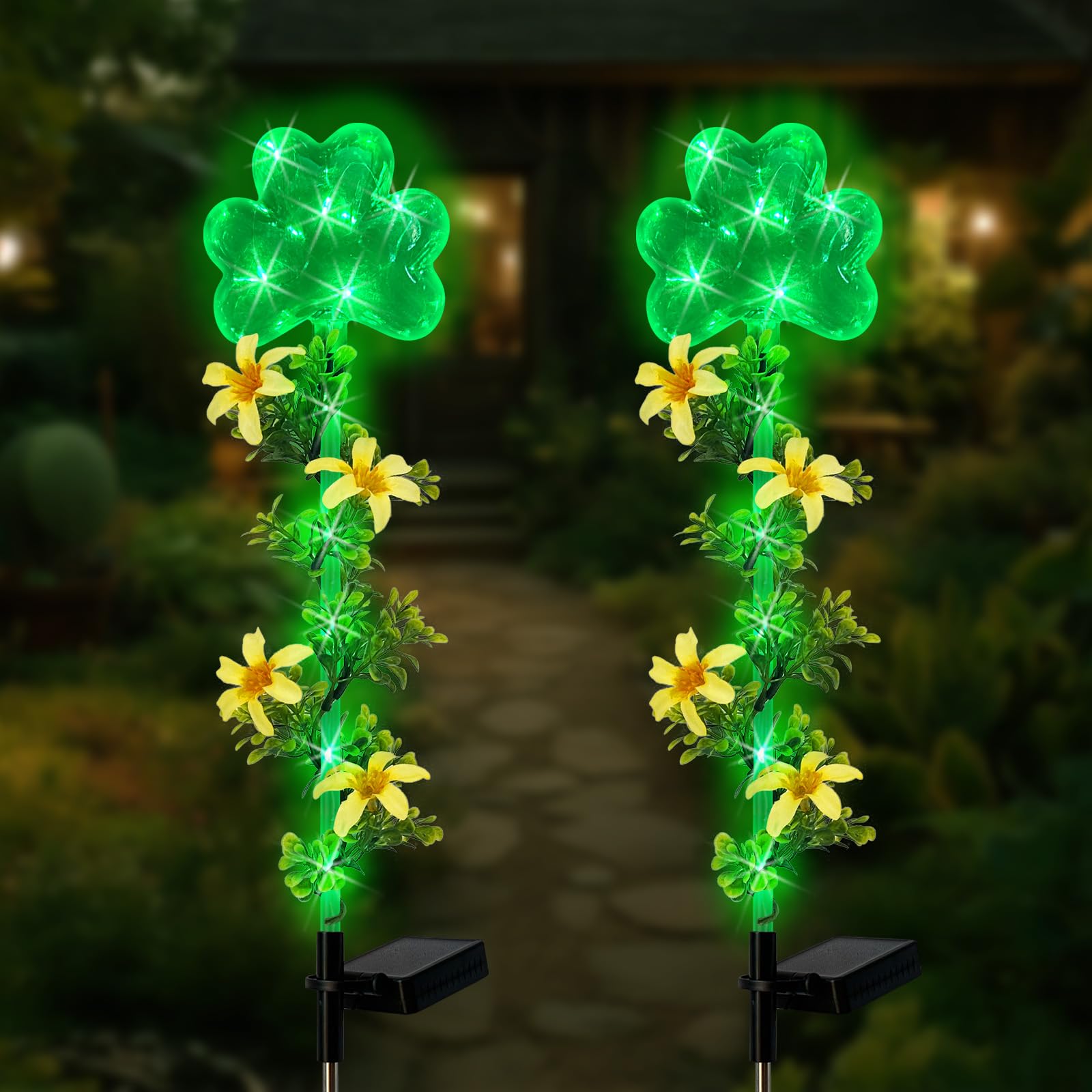 Hokfirm ST Patricks Day Decorations Outdoor,2 Pack Shamrock Solar Lights Outdoor,Solar Powered Green Fairy Lights Holiday Decor