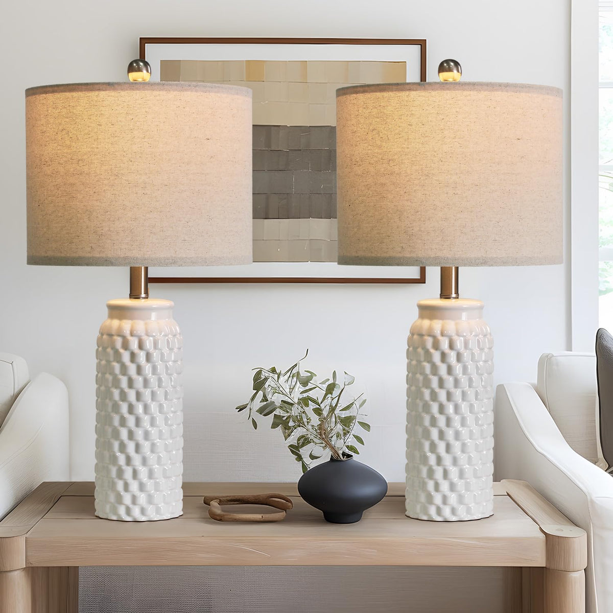 USumkky 24'' Modern Ceramic White Bedside Lamp Set of 2 Table Lamp for Bedroom Decor Farmhouse Table Lamp for Living Room Office