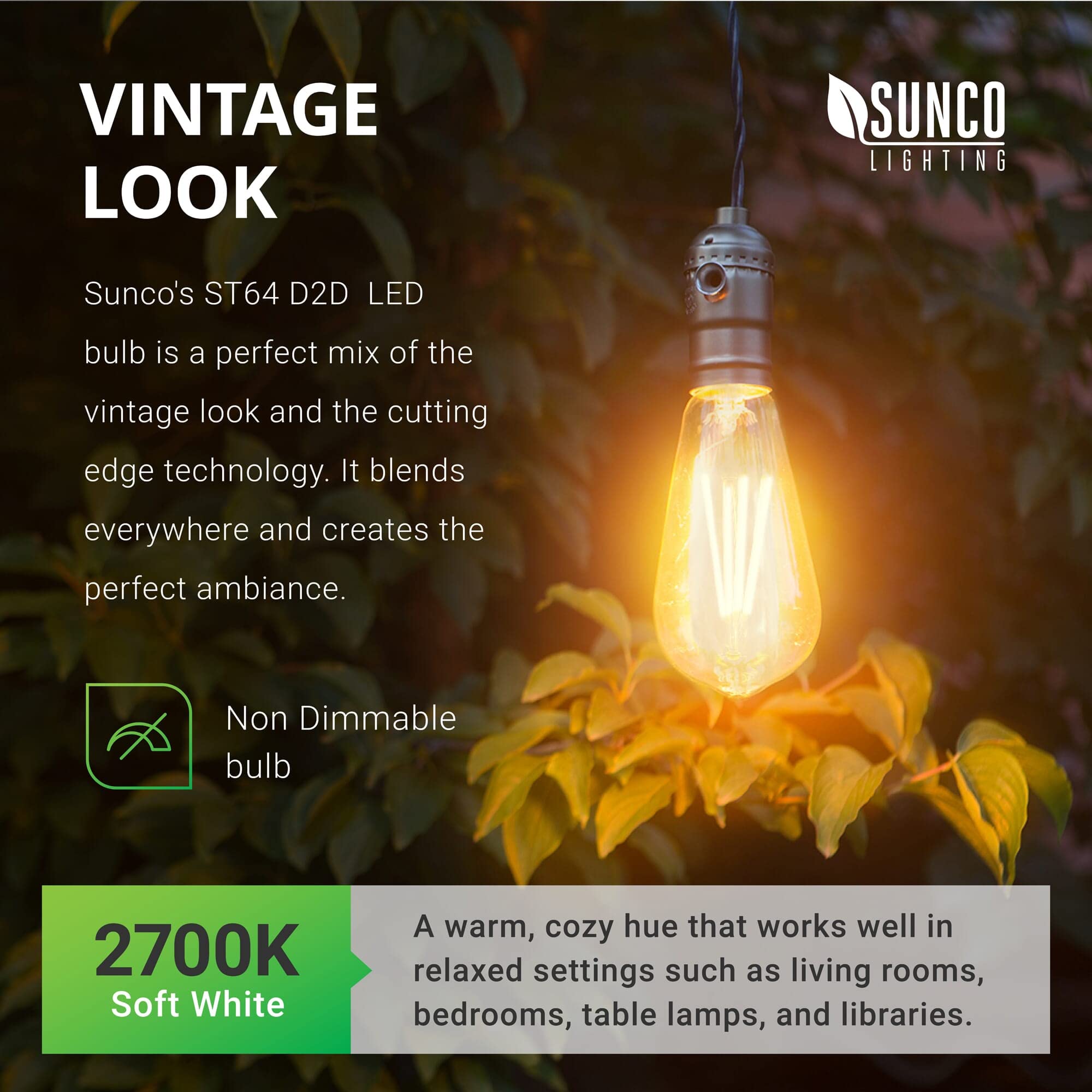Sunco Lighting LED Edison Bulbs, 2700K Soft White, 7W Equivalent, 800 Lumens, ST64, 4 Count, Light Sensing Outdoor