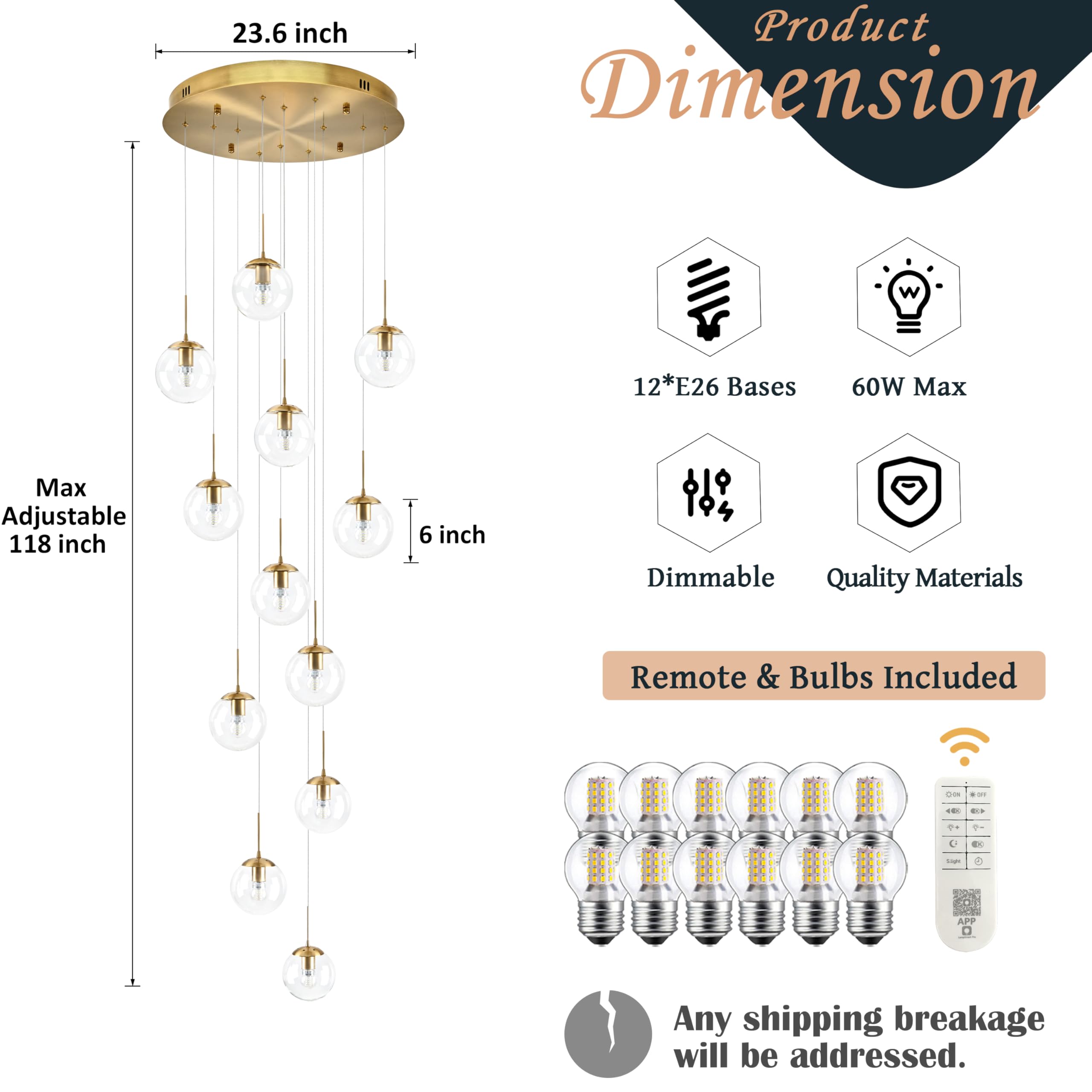 Koko&Yukina 12-Light Gold Mid Century Modern Chandelier For Living Room Staircase Chandelier For Entryway Clear Globe Glass Chan