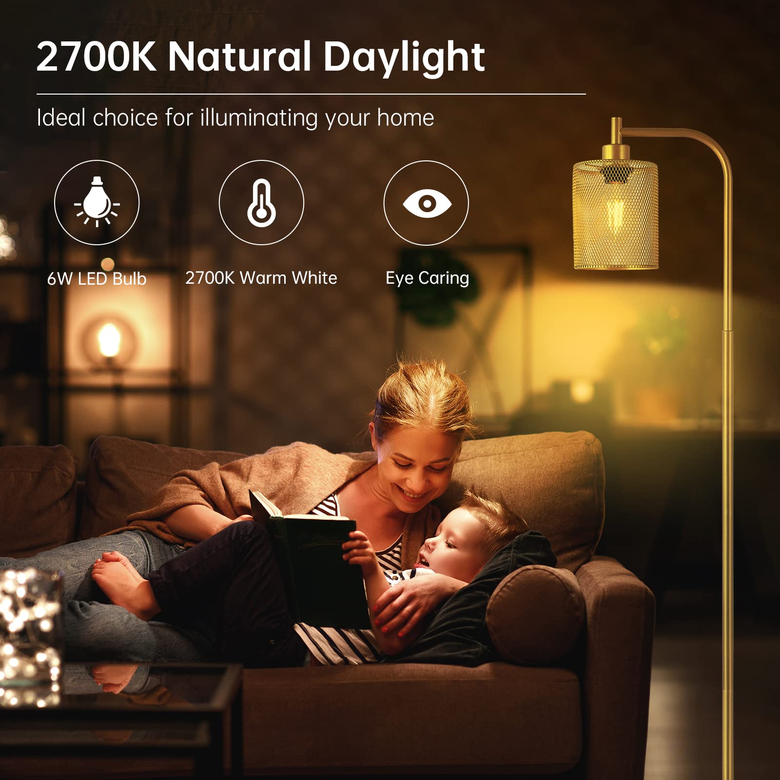 BoostArea Industrial Gold Floor Lamp, 67 Inch LED, Metal with Iron Mesh Lampshade, 6W for Living Room, Bedroom, Office