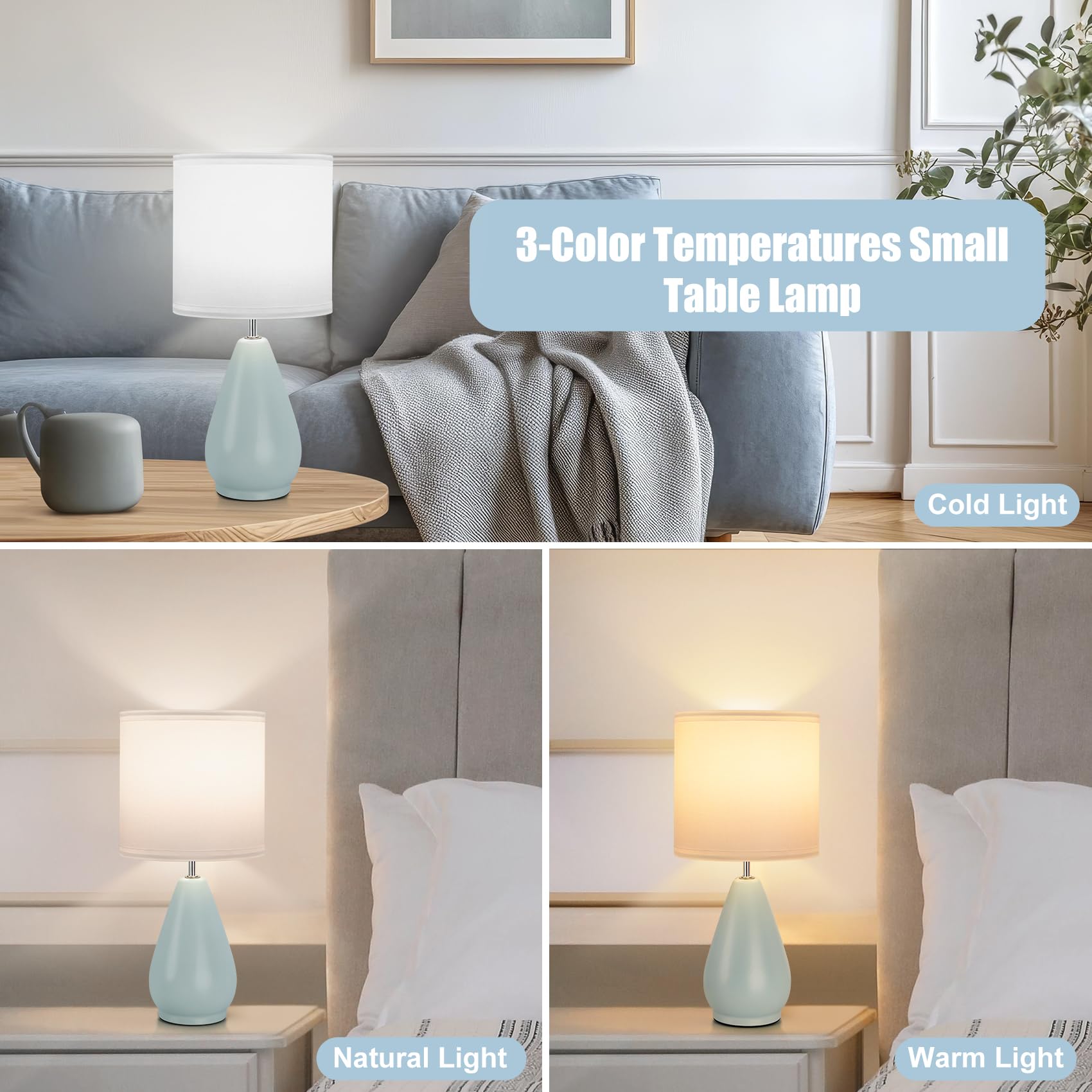 Yacoto Ceramic Table Lamps Set Of 2, Small Blue Bedside Lamps For Bedroom Modern Nightstand With 3 Color Temperatures For Living