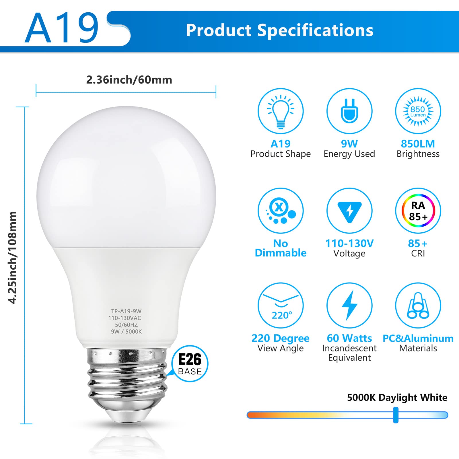 Maylaywood A19 Led Light Bulbs, 60 Watt Equivalent, 5000K Daylight White, 850 Lm, Non-Dimmable, E26 Base, 9W Bright White Led Bu