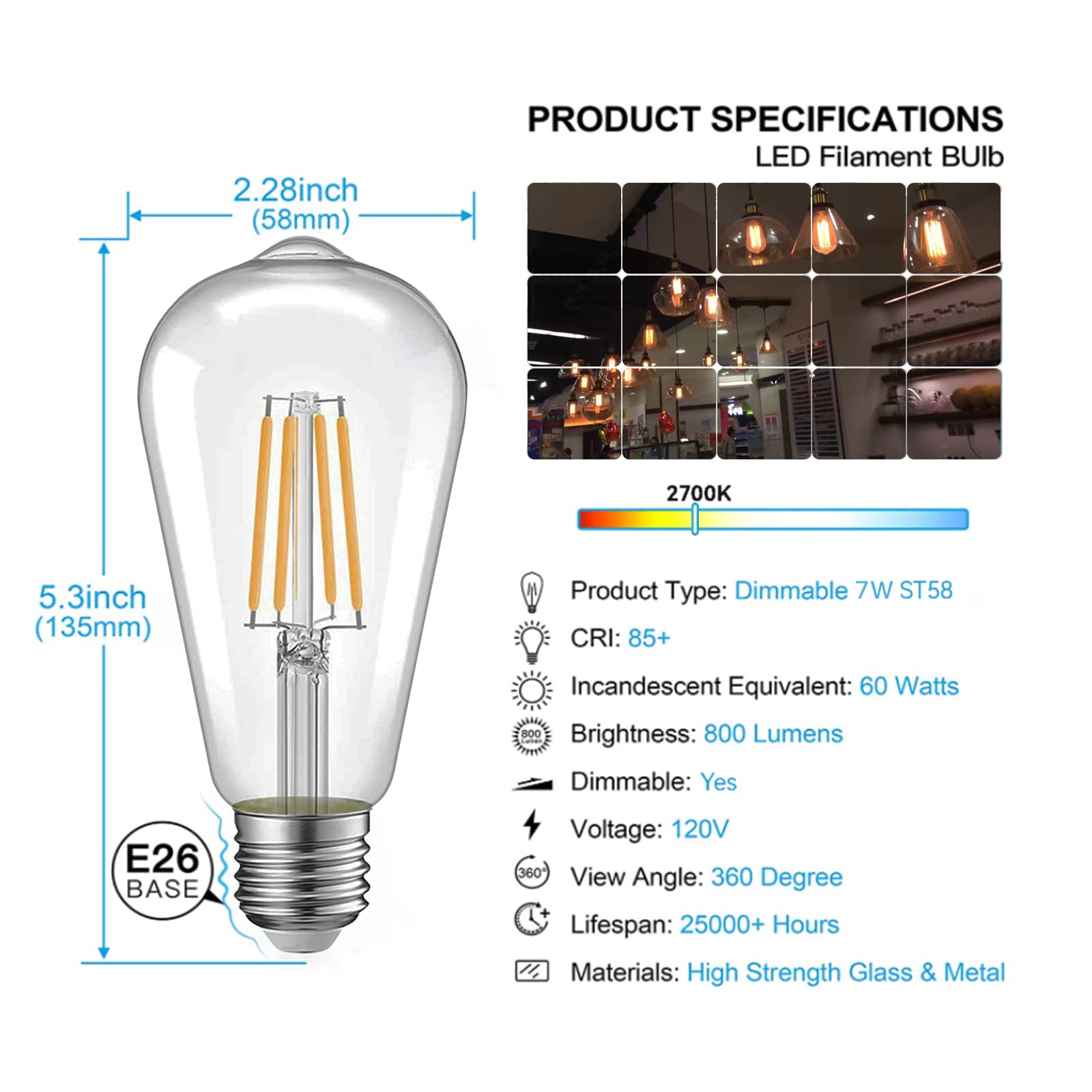 Jensense Dimmable LED Light Bulbs 7W 12 Pack E26 Base 2700K Warm White 800 Lumen Model ETLBST58