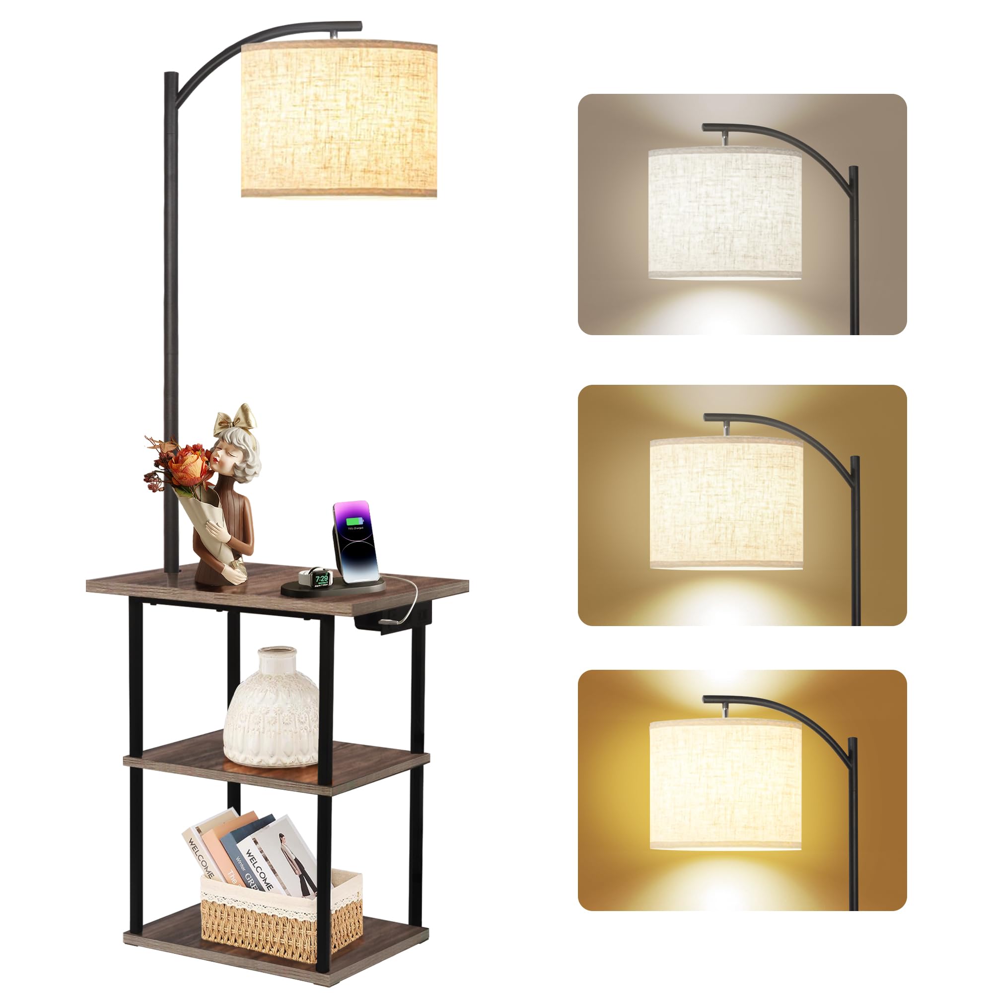 Pesrae Floor Lamp With Table,Lamps For Nightstand With Charging Station(Usb & Type-C & Ac Port), 3 Color Temperatures 9W Led Bul
