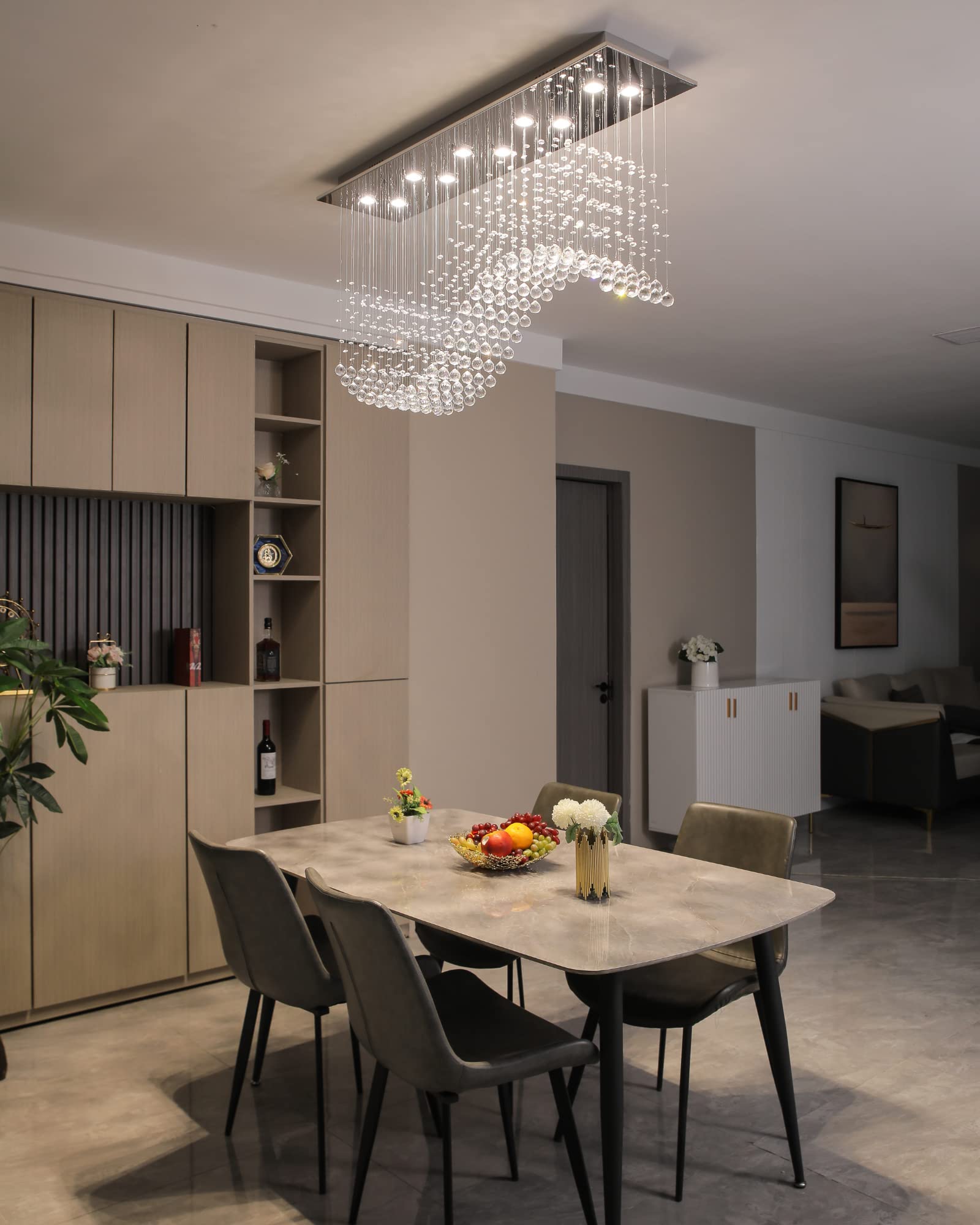 Siljoy Modern Crystal Chandelier 10-Light Rectangle Raindrop L47'' x W11.8'' Chrome Flush Mount Ceiling Light for Dining Room