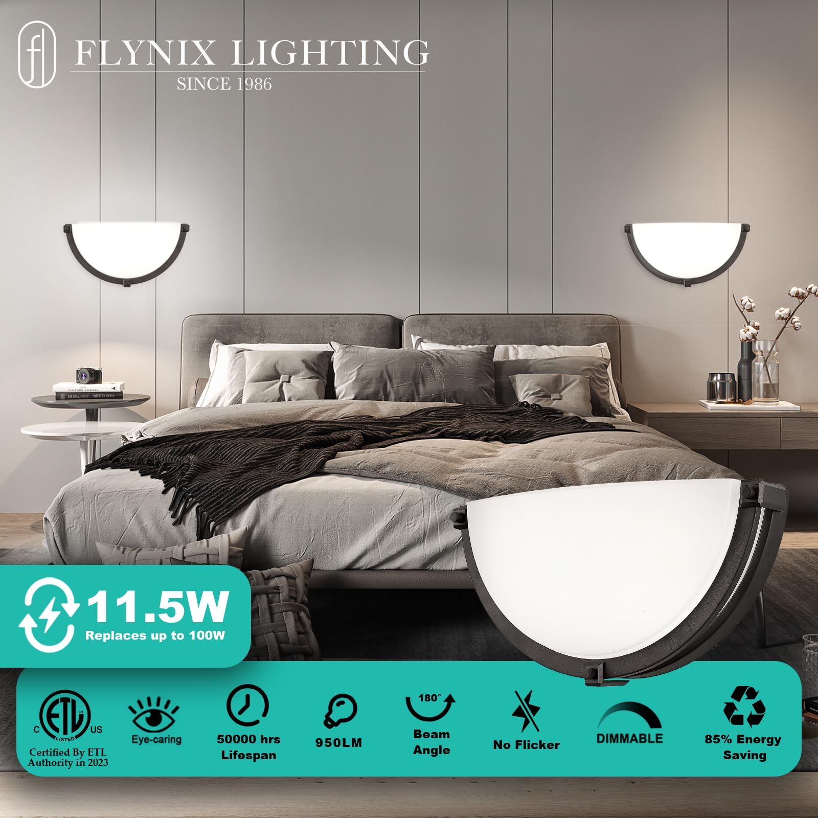 Flynix 13" Dimmable LED Wall Sconce, Modern Half Moon Bathroom Light, 950 Lumen, Adjustable 3000K/4000K/5000K, Oil Rub