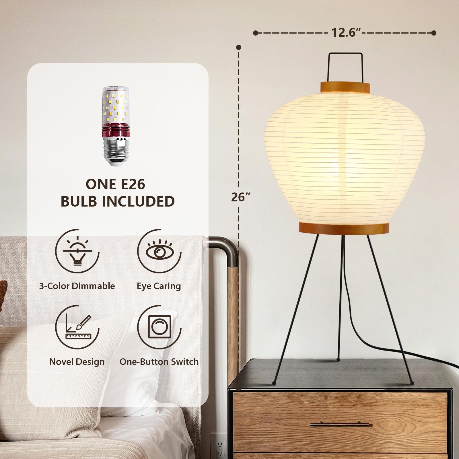 Paper Lamp Noguchi Style Lamp, Rice Paper Akari Floor Lamp, Paper Lantern Lamp With Washi Paper Shade, Ideal For Bedside, Living
