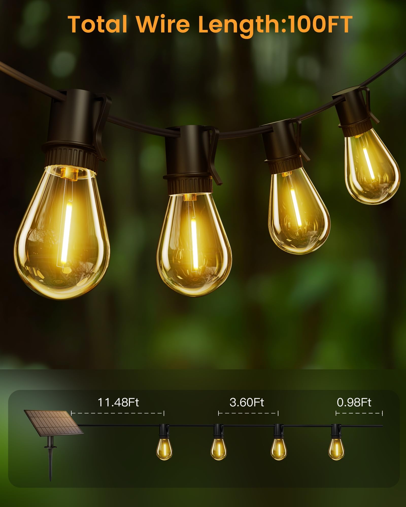 Torkase LED Outdoor String Lights, 100FT, Warm White, 25+2 Shatterproof Bulbs, Waterproof, Solar Powered, Commercial Grade