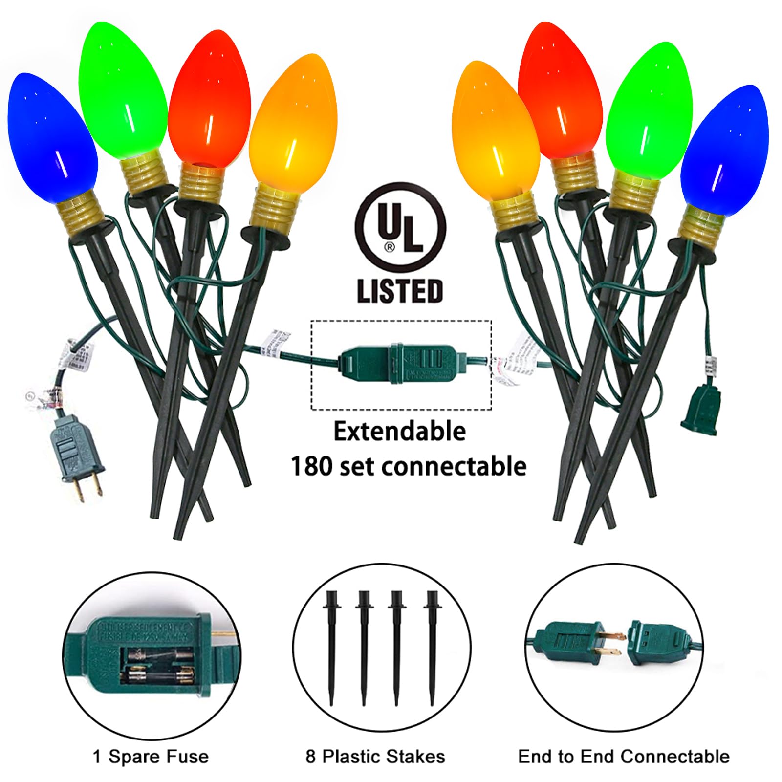 Konictom Christmas Lights Jumbo C9 Outdoor Decorations, 7Ft Multicolor String Lights, 2 Pack
