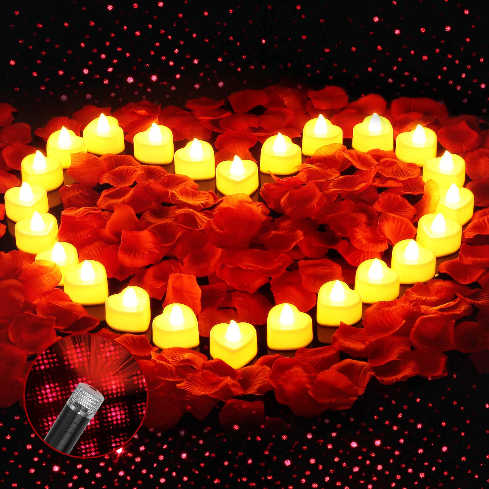 Romantic Decorations for Special Night, 2000Pcs Artificial Rose Petals with 24Pcs LED Candles, Star Night Light for Romantic Nig