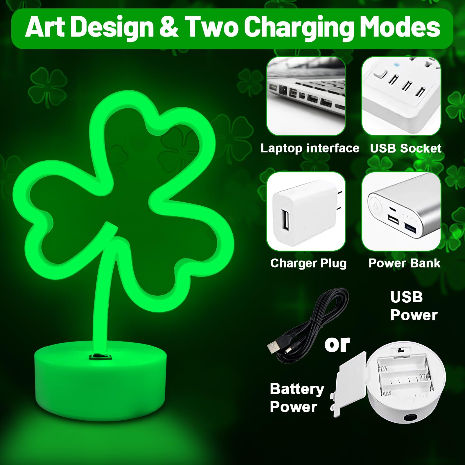 Brightdeck 2 Pack Clover Neon Signs  Led Lights Battery Operated Or Usb Powered Decoration Lamp  Neon Lights Decor For St. PatrickS Day Gifts  Wedding  Party  Room Decor(Clover)