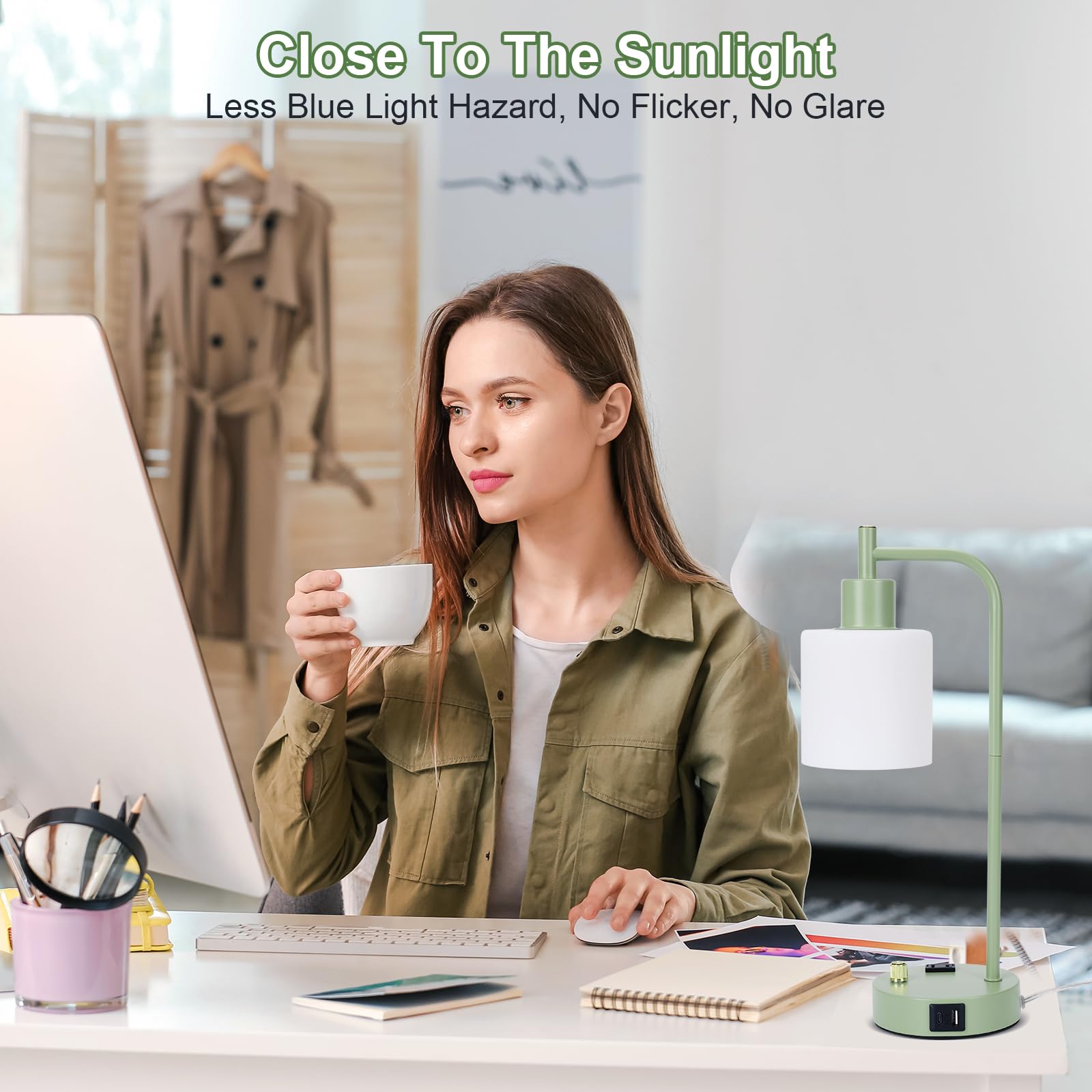 Gliti Industrial Table Lamp Desk Lamp, Stepless Dimmable Desk Lamp With 2 Usb Ports And Ac Power Outlet, Frosted Glassshade, Eye