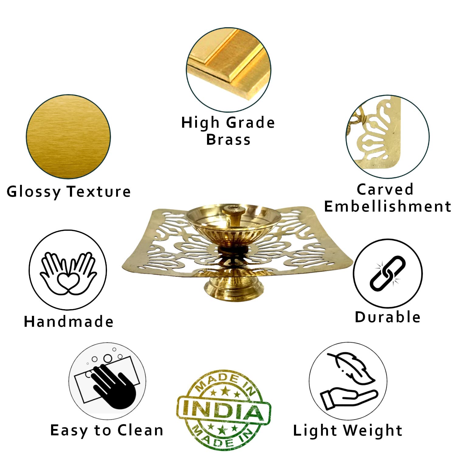 Lamina Decorative Brass Diya for Puja (Set of 10 Small 3inch Golden Square Net) Center Wick Holder Pital Akhand Deep Vilakku for