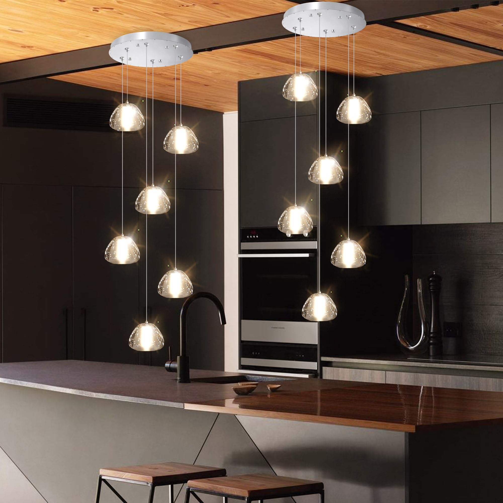 dolria 6-Lights Round Crystal Pendant Lighting, Modern Silver Chandelier for Dining Room, Bedroom, Foyer, Model PC0010, 3000K