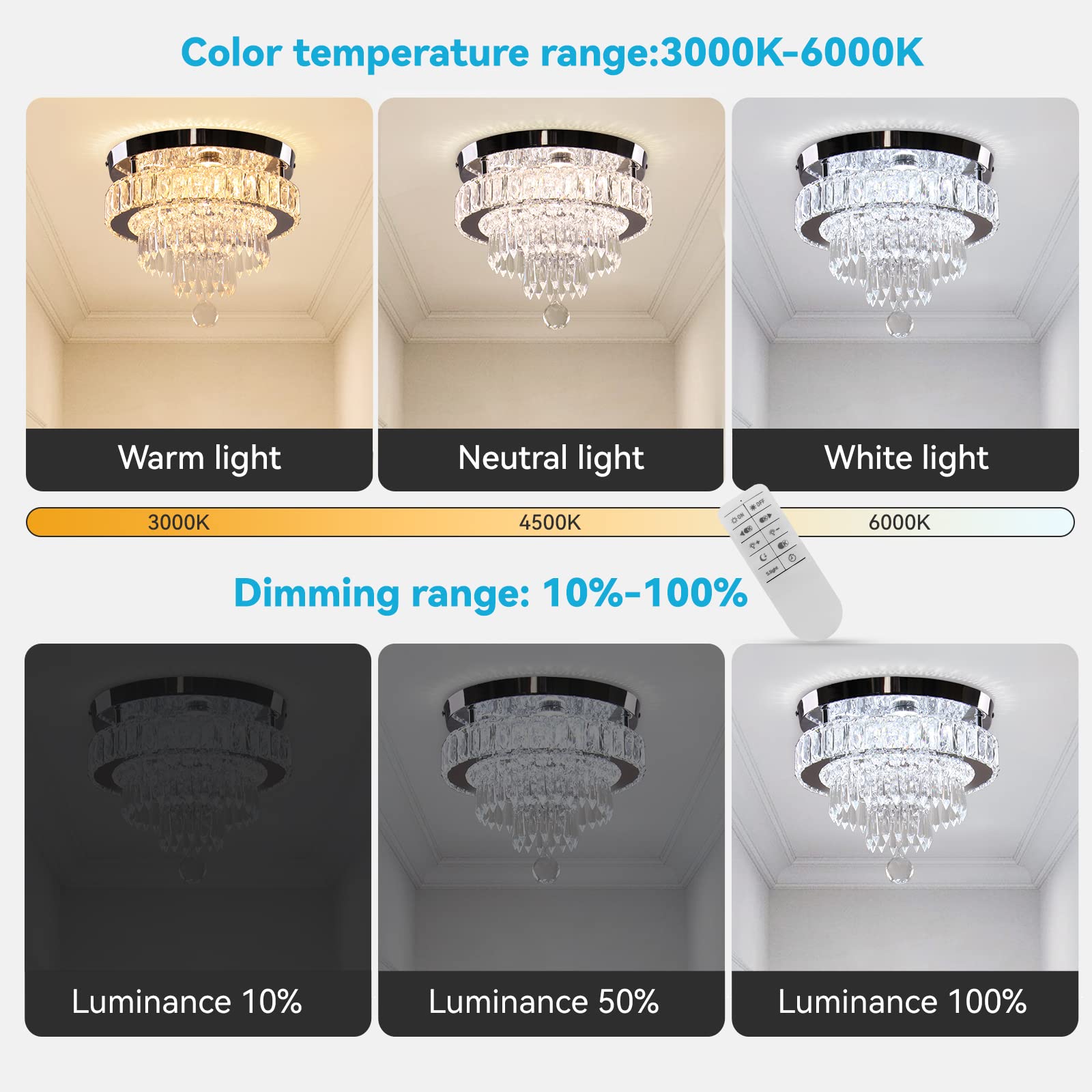 Cainjiazh Dimmable Crystal Chandelier 11.8" LED Flush Mount, Stainless Steel, Remote Control, 2700K/4000K/6500K for Bedroom/Dining Room