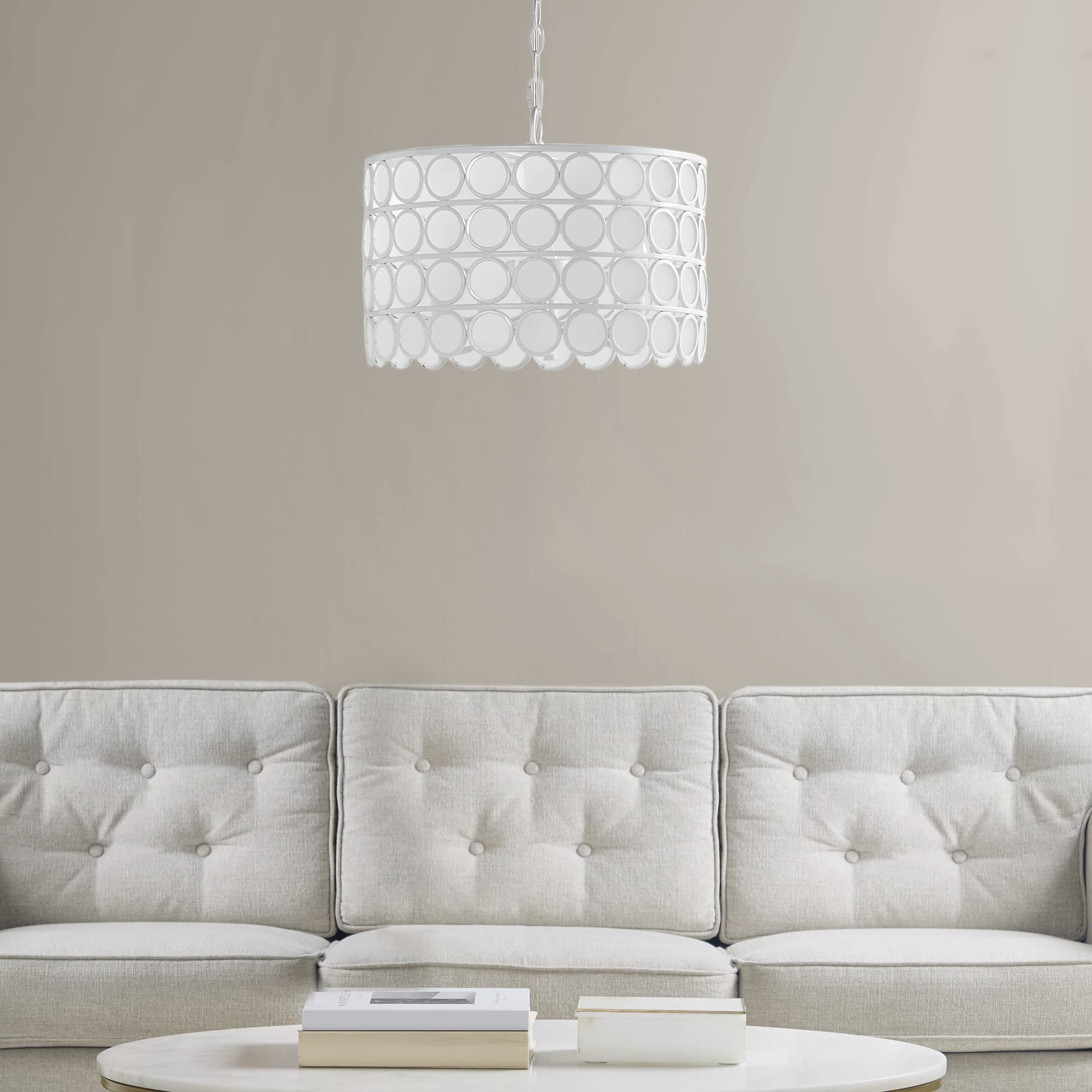 Hampton Hill Mid Century Chandelier, 16.25Dia X 51.75H, White, Iron & Glass, Model Fb150-1160, Adjustable Ceiling Light For Bedrooms & Dining
