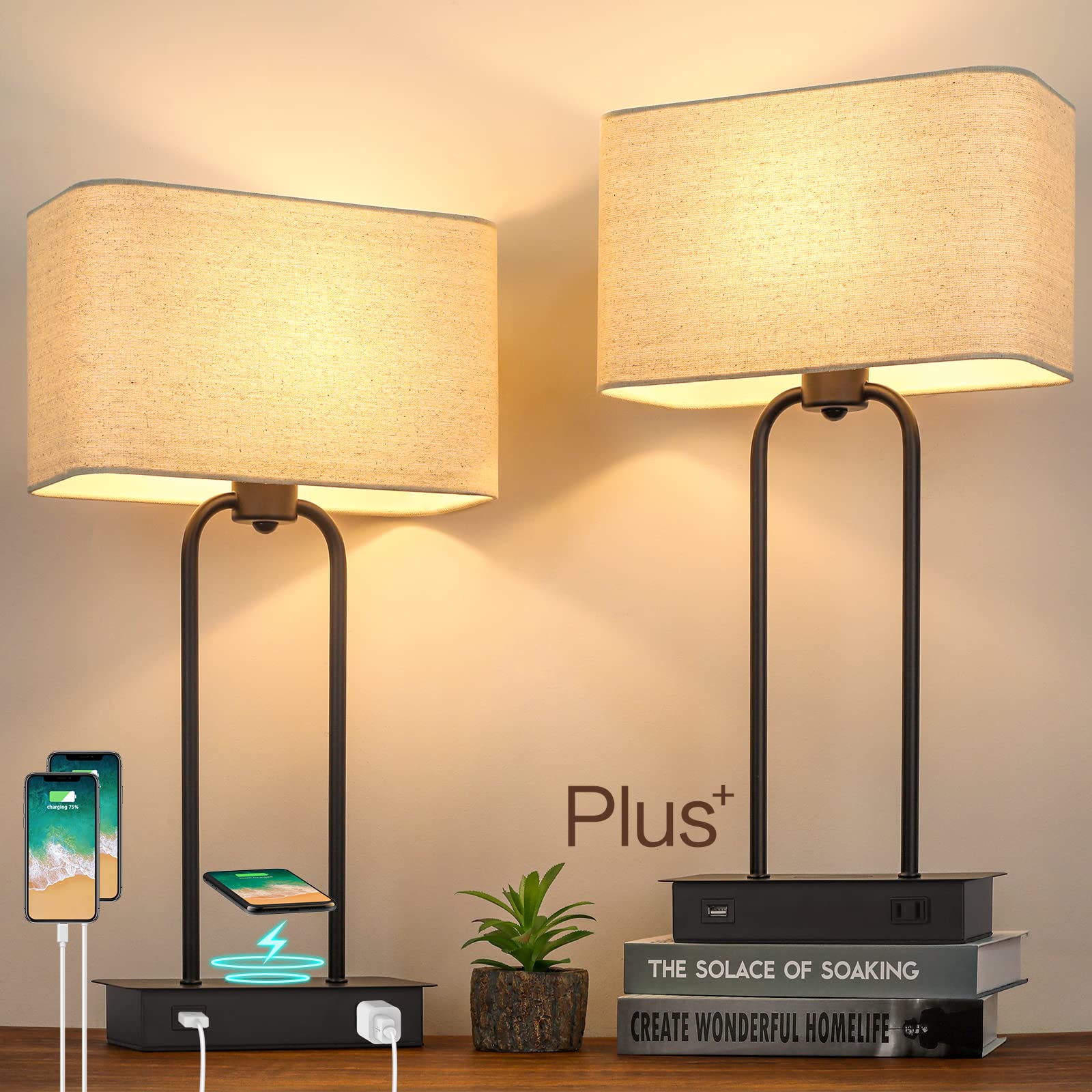 BrightHome Set of 2 Wireless Charging Table Lamps, 3-Way Dimmable, Black & Cream, USB Port, AC Outlet, Model YC-TL-JBL-001