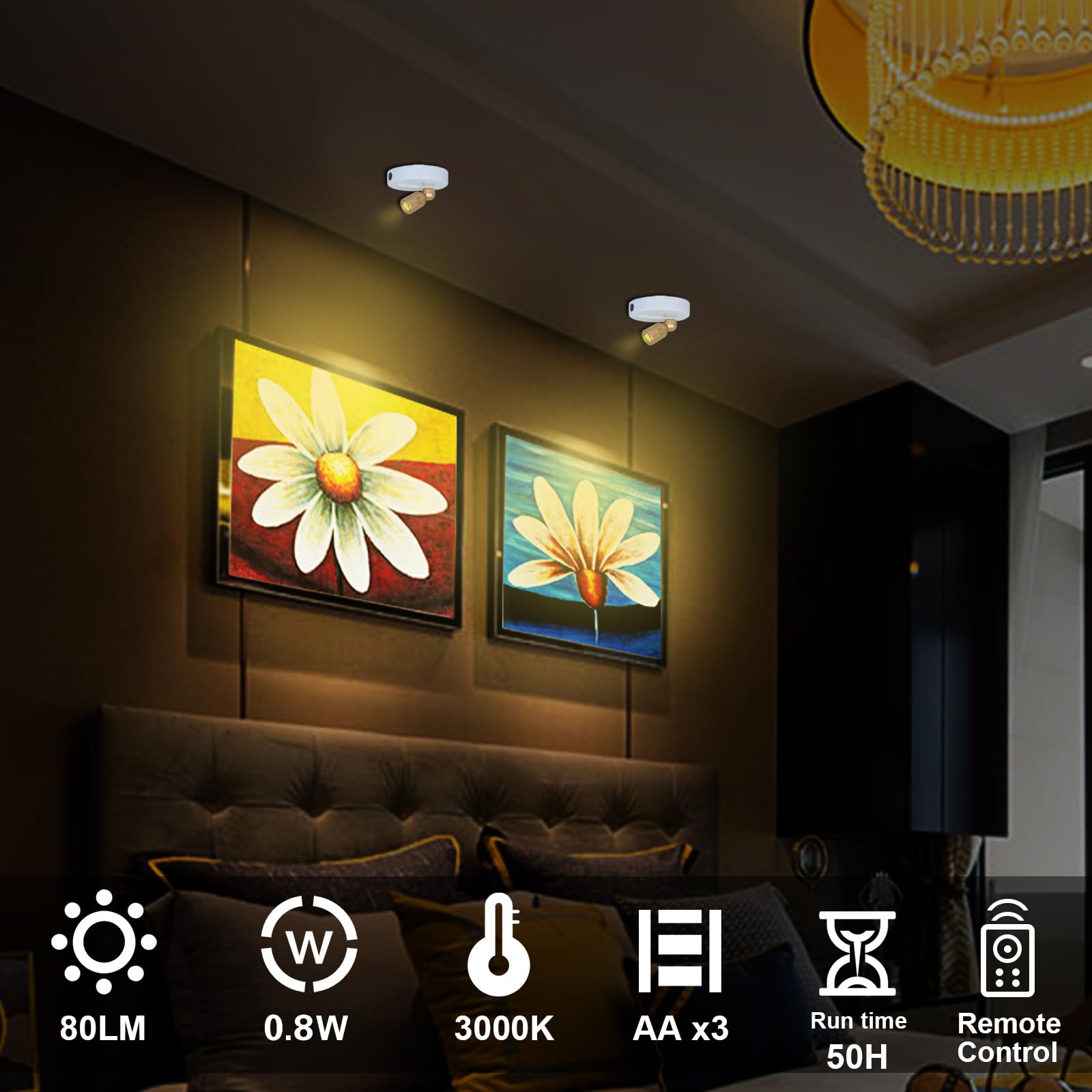 Hamvidne Led Spotlight Indoor, Battery Operated Spotlights With Remote, Up Lights For Plants, Dimmable Tree Spotlight, Picture L