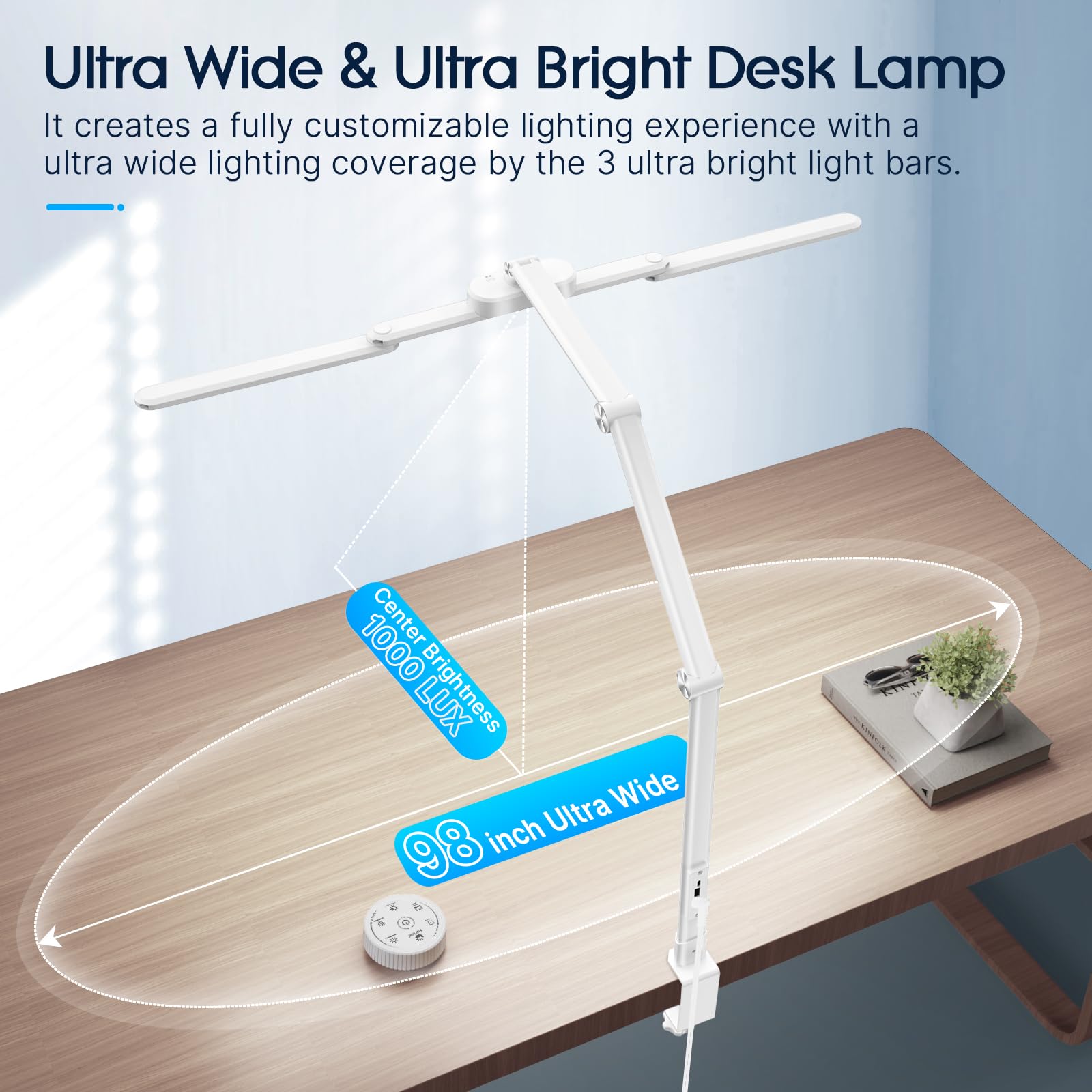Syrinx Desk Lamp, 24W LED with Gesture Sensor Switch, Remote Control, White Pro, Model LDL023W, Clamp for Tables Up to 2.95 inches Thick