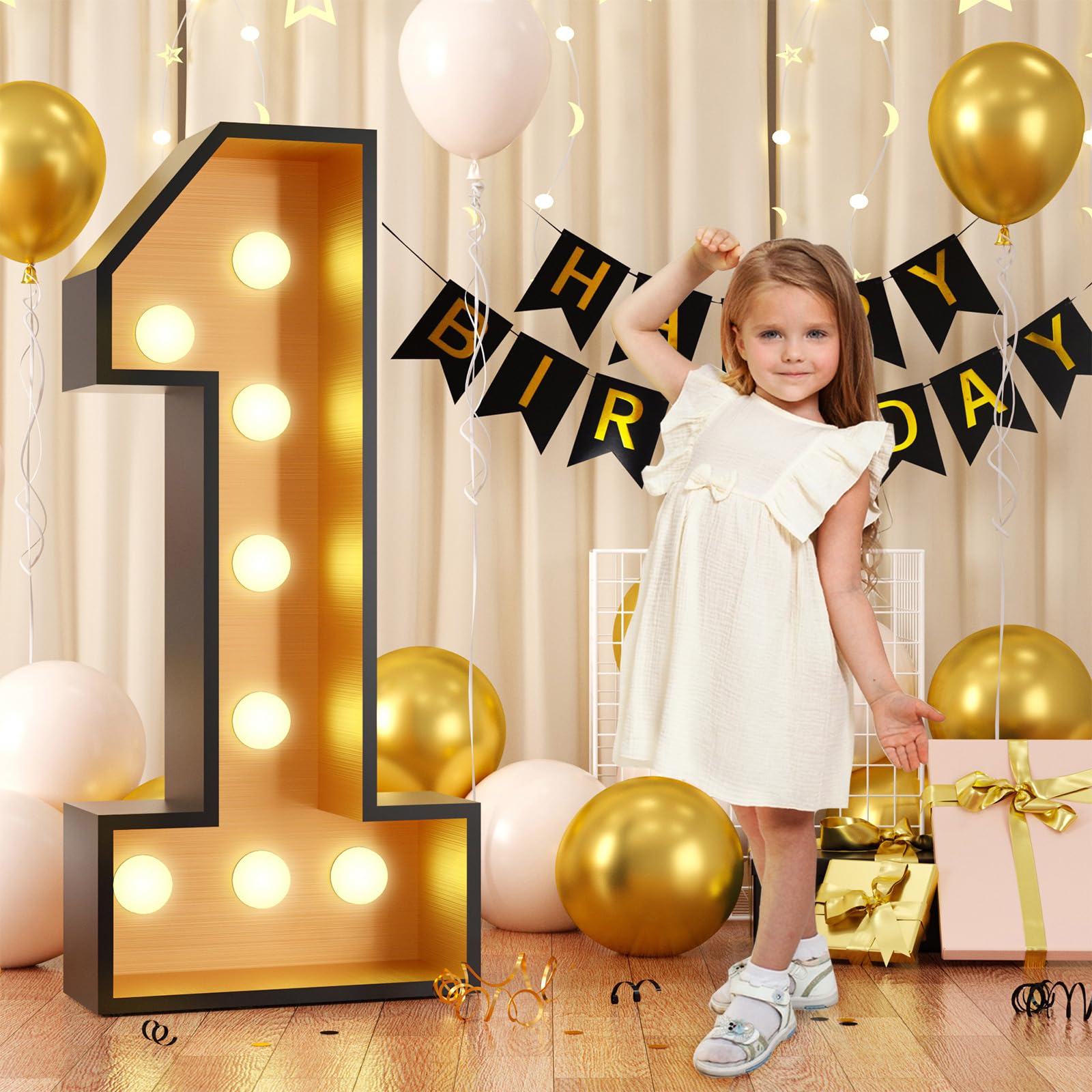 4FT Marquee Light up Number 1  Gold Black Marquee Numbers Lights  Giant Marquee Numbers Large Mosaic Frame Letter 1 for 1st Birthday Party Foam Board Sign DIY Decorations Anniversary