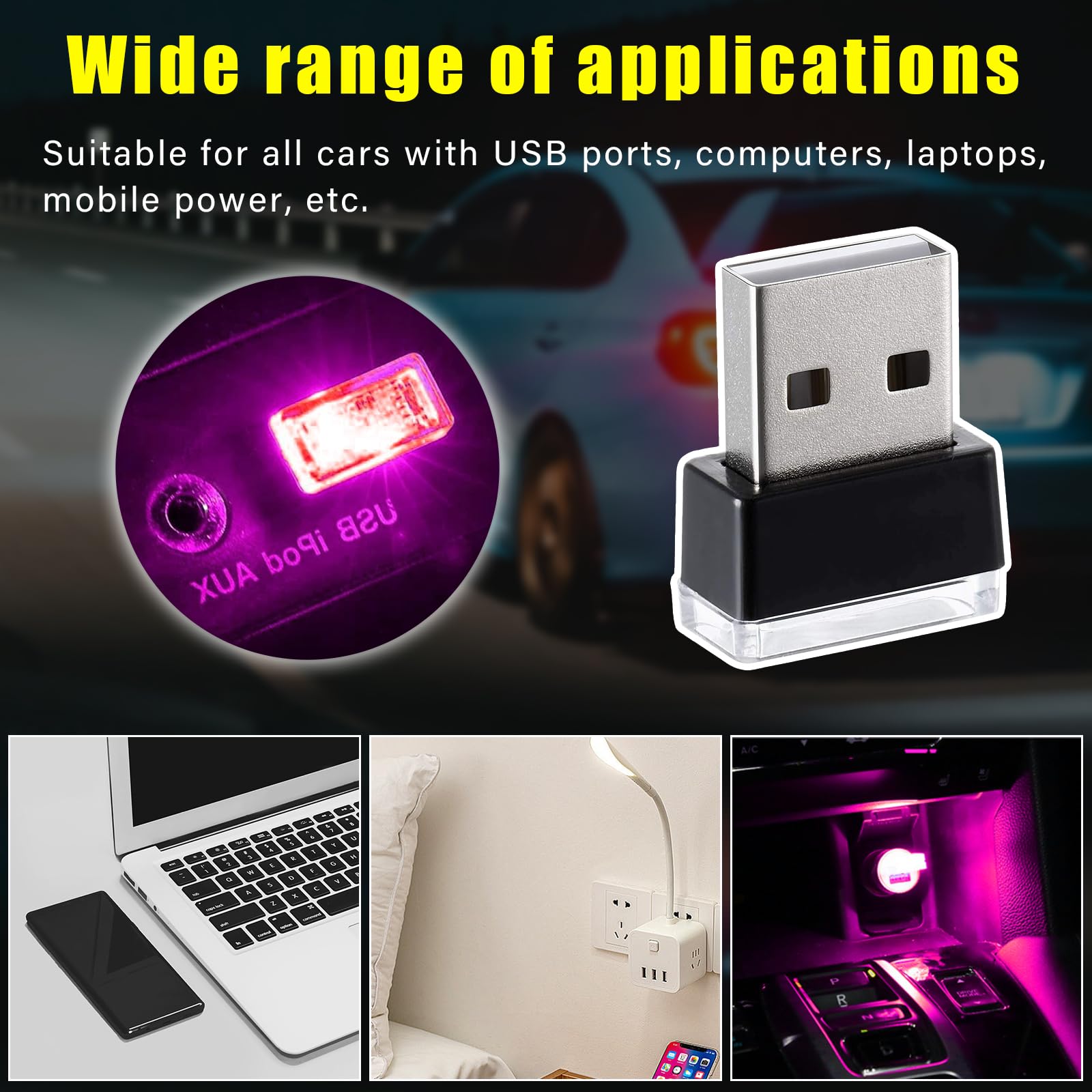 Augeny Usb Led Car Interior Atmosphere Lamp, Portable Night Light Kit, Universal Fit, Purple