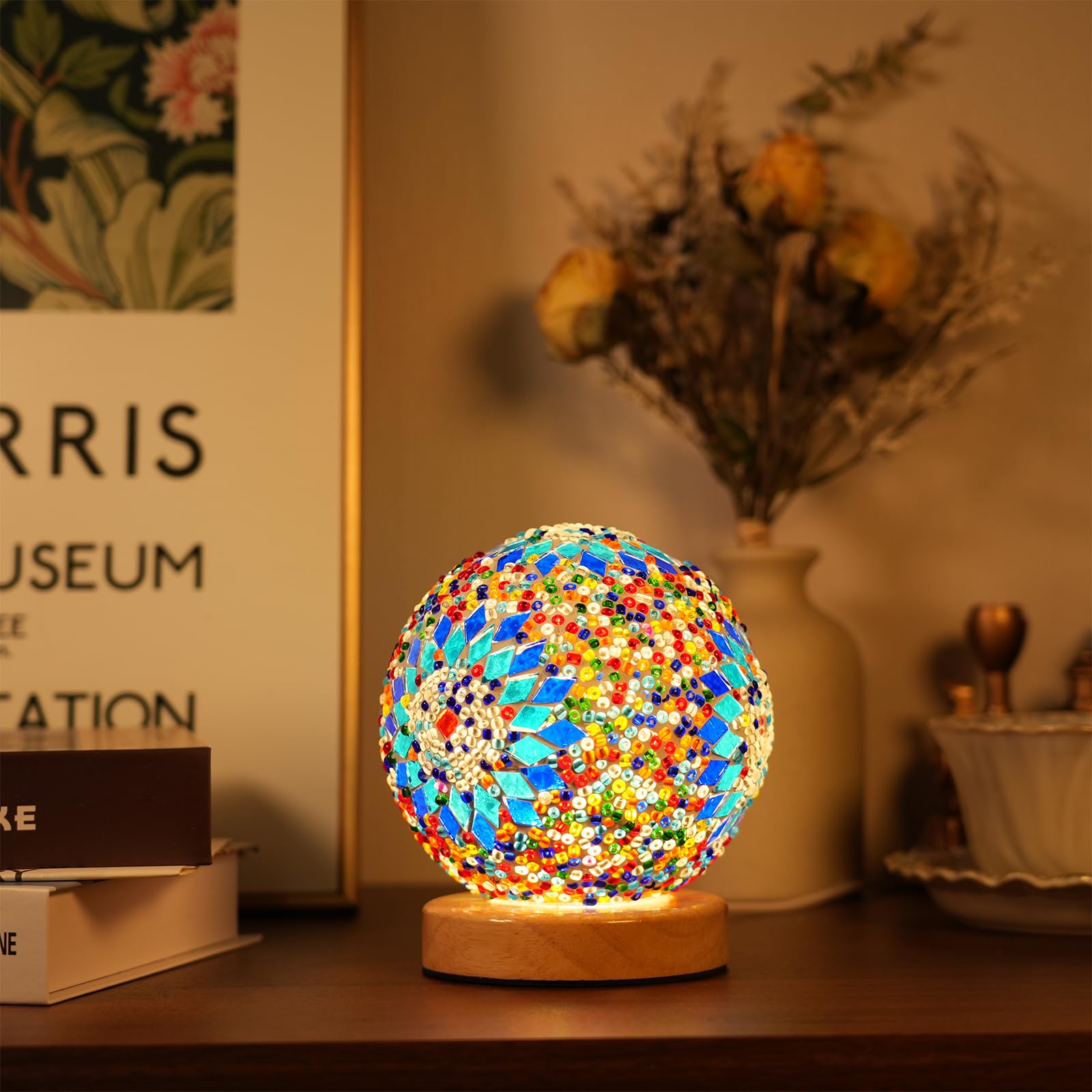 Haidoliang Turkish Table Lamp (D:4.7" X H:5.2"),Mosaic Glass Lamps With Wooden Base, Bohemian Tiffany Bedside Lamps, Usb Power Moroccan Lantern For Living Room Decorations (Boho - Blue, Boho)