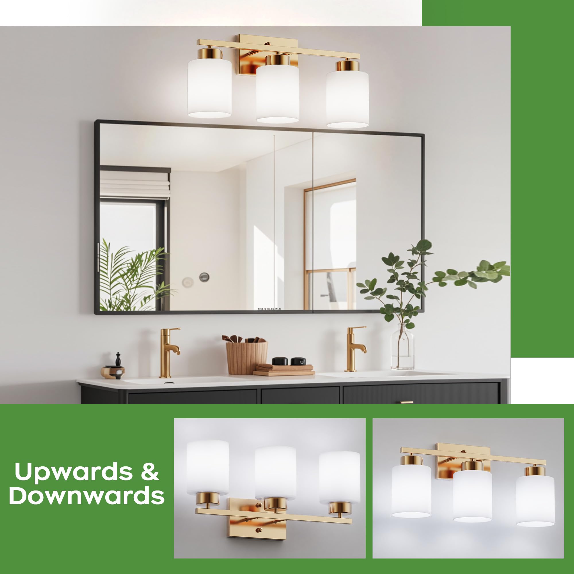 Partphoner 3-Light Brushed Gold Bathroom Light Fixtures  Modern Vanity Light Over Mirror Lighting  Wall Sconce With Frosted Milky White Glass Shades For Bedroom Living Room Kitchen Hallway