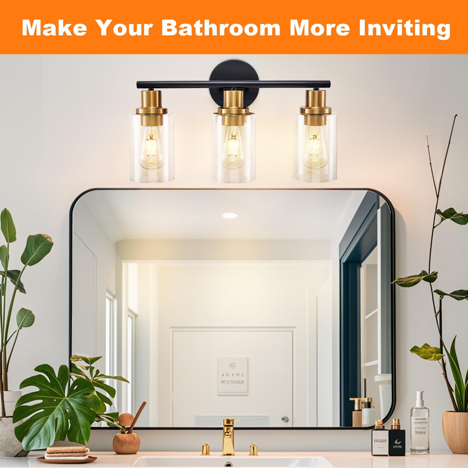 DINGLILIGHTING 3-Light Bathroom Vanity Light Fixtures Black & Gold Metal WS-FNW2-60B-3-BG with Clear Glass Shades