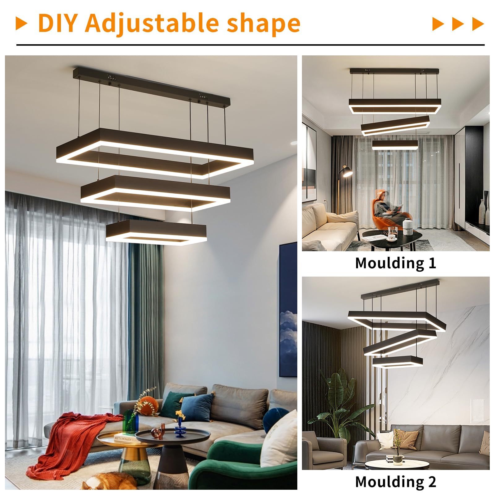 Matven Modern 3-Ring LED Pendant Light Fixture, Adjustable Height, Black, 15.7+23.6+31.4in, Remote Control Dimming for Living Room