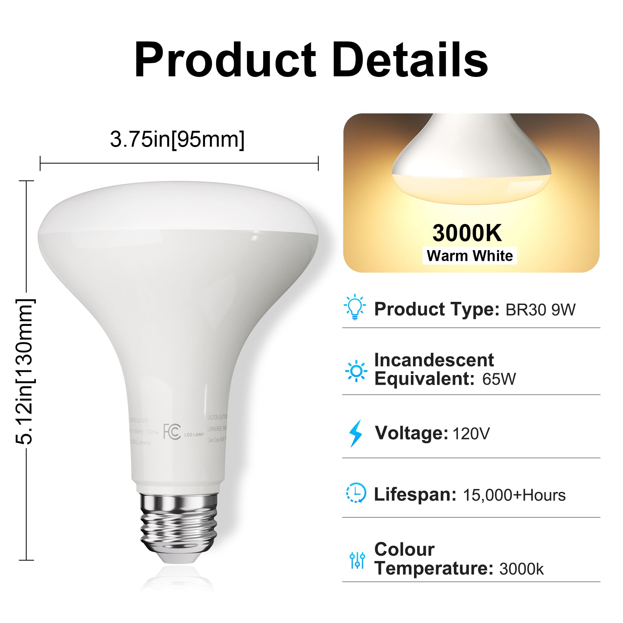 Led Flood Light Bulb Indoor, Dimmable Br30 Recessed Can Light Bulbs, 65 Watt Equivalent Efficient 9W, Warm White 3000K, E26 Stan