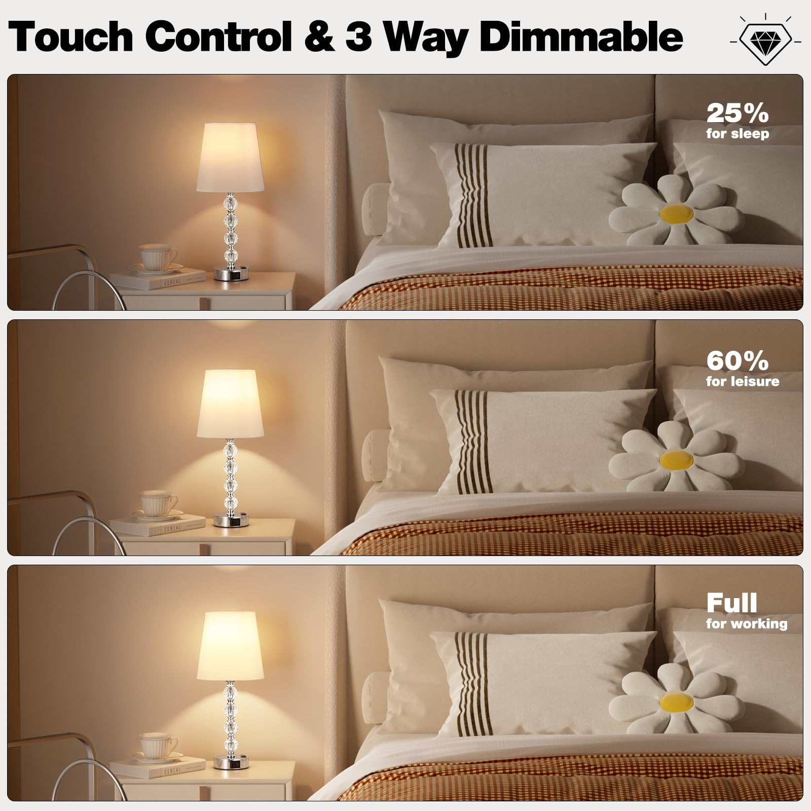 Bedside Lamps For Bedrooms Set Of 2 Nightstand - Large Crystal Table Lamps With Usb C Charging Ports And Ac Outlet, 3 Way Dimmab