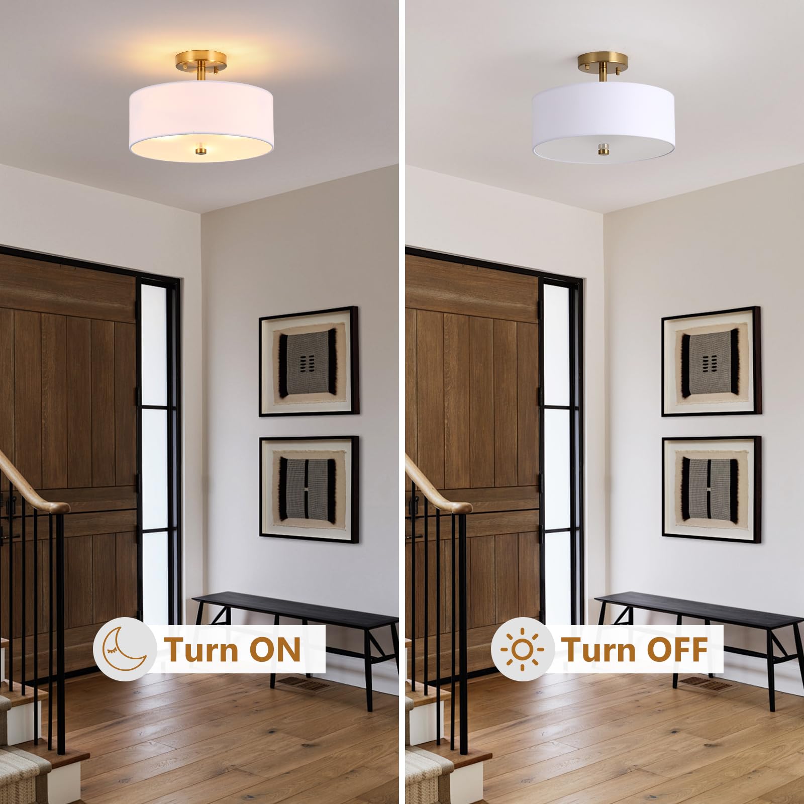 3-Light Gold Semi Flush Mount Ceiling Light,12'' Drum Light With White Fabric Shade,Modern Close To Ceiling Light For Bedroom, L