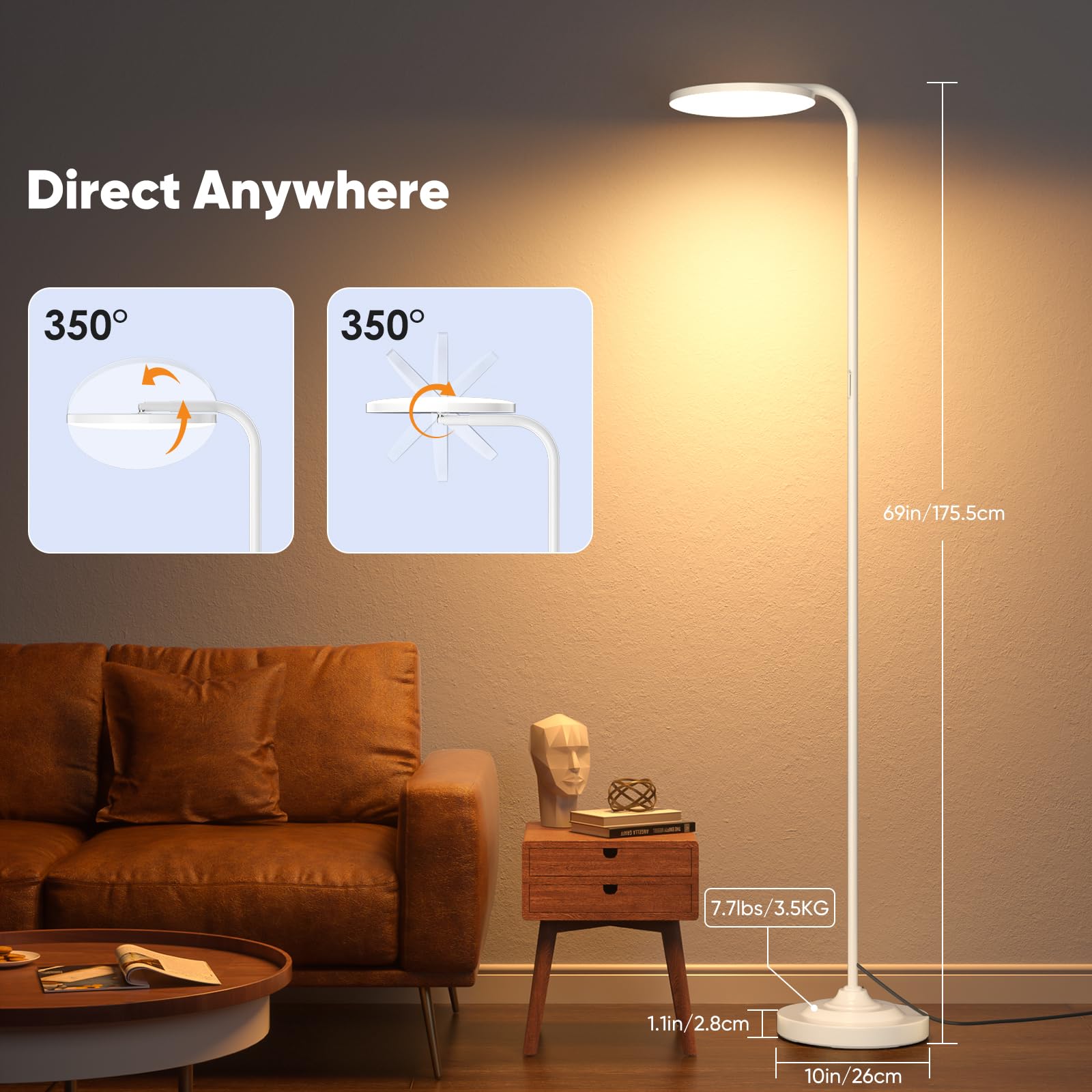 SIBRILLE 36W LED Floor Lamp - Super Bright, Dimmable Torchiere with Remote Control, 350° Rotating Head, Modern Design, White