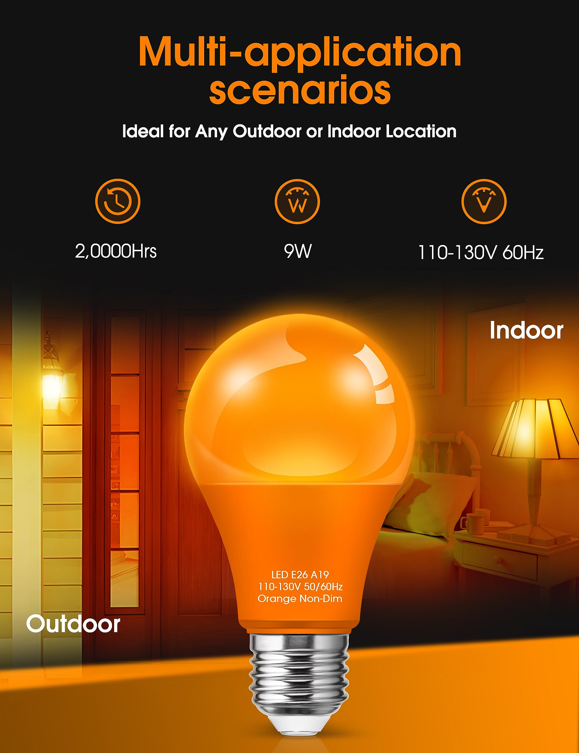 Orange Light Bulbs [ 4 Pack ] A19 Halloween Light Bulbs LED Orange Bulb Outdoor 9W (60 Watt Equivalent) - E26 Colored Light Bulb