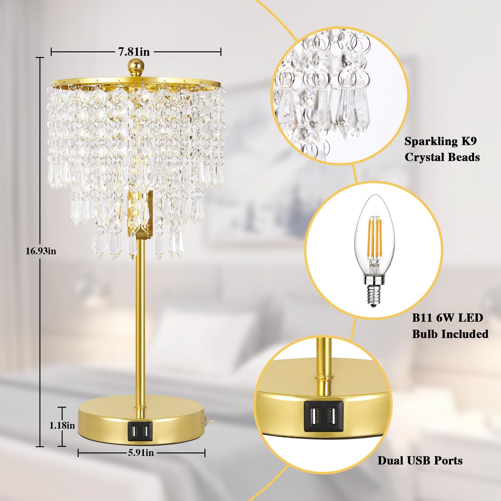 Seaside Village Touch Control Crystal Table Lamp, 3-Way Dimmable Gold, Dual USB Ports, 6W LED Bulb Included, Model 13047